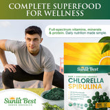 Sunlit Best Green Organics Chlorella Spirulina Tablets with a measuring spoon