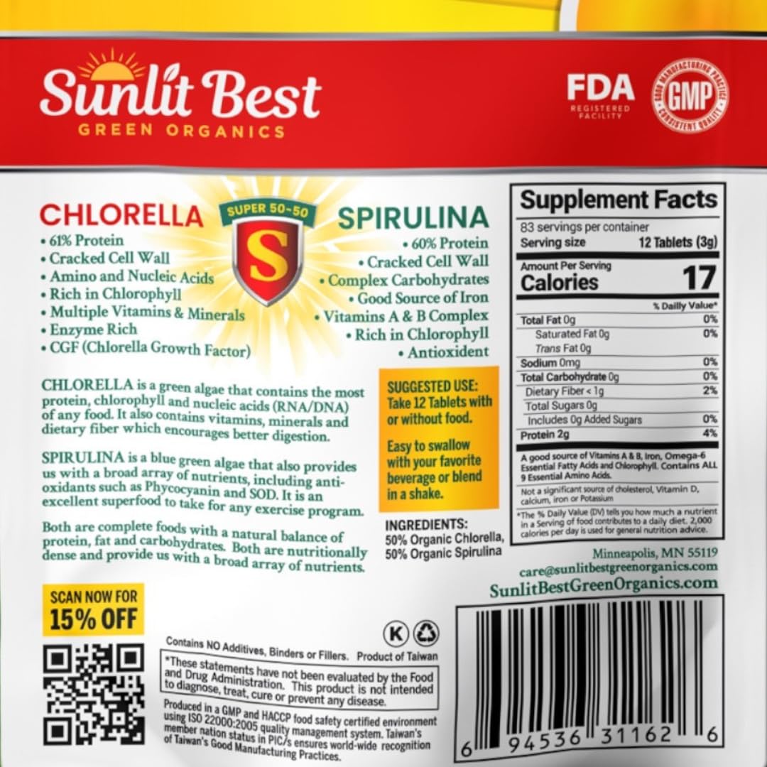 Sunlit Best Green Organics Chlorella Spirulina Tablets with measuring spoon