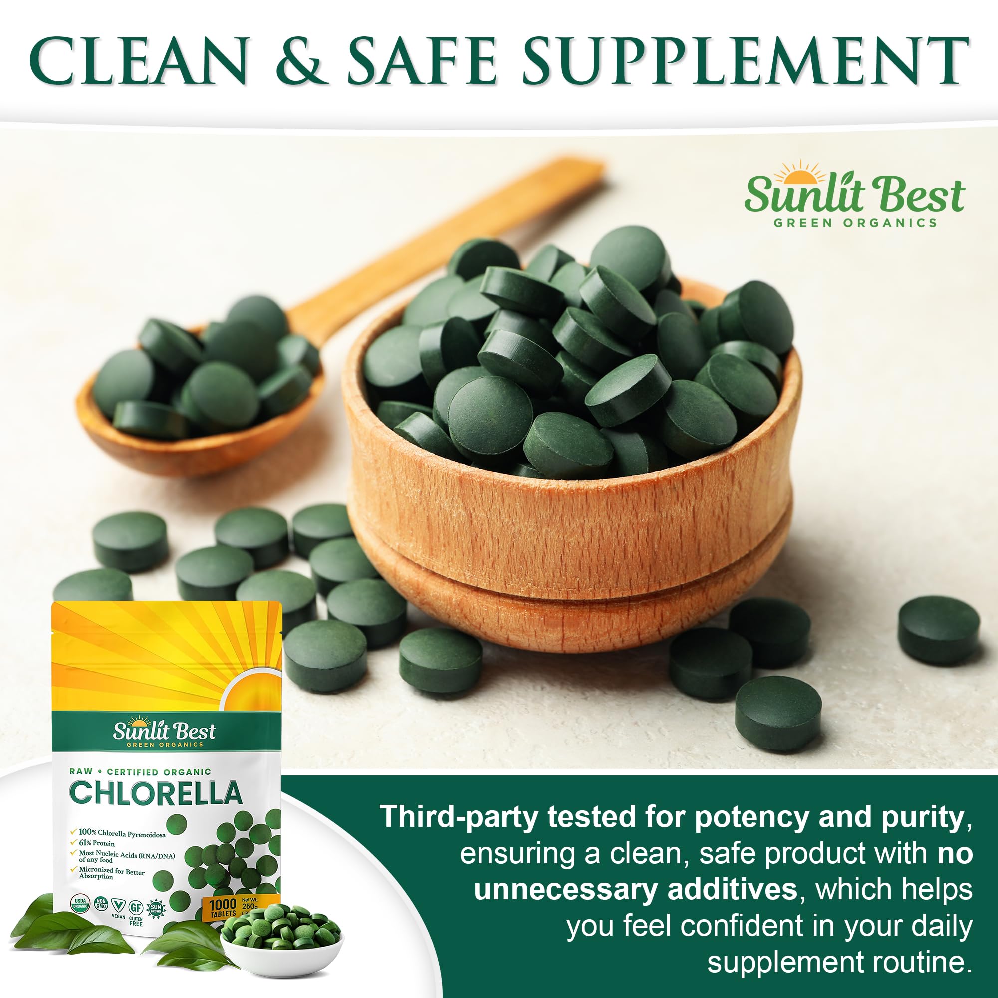 Sunlit Best Green Organics Chlorella Tablets 250mg with measuring scoop