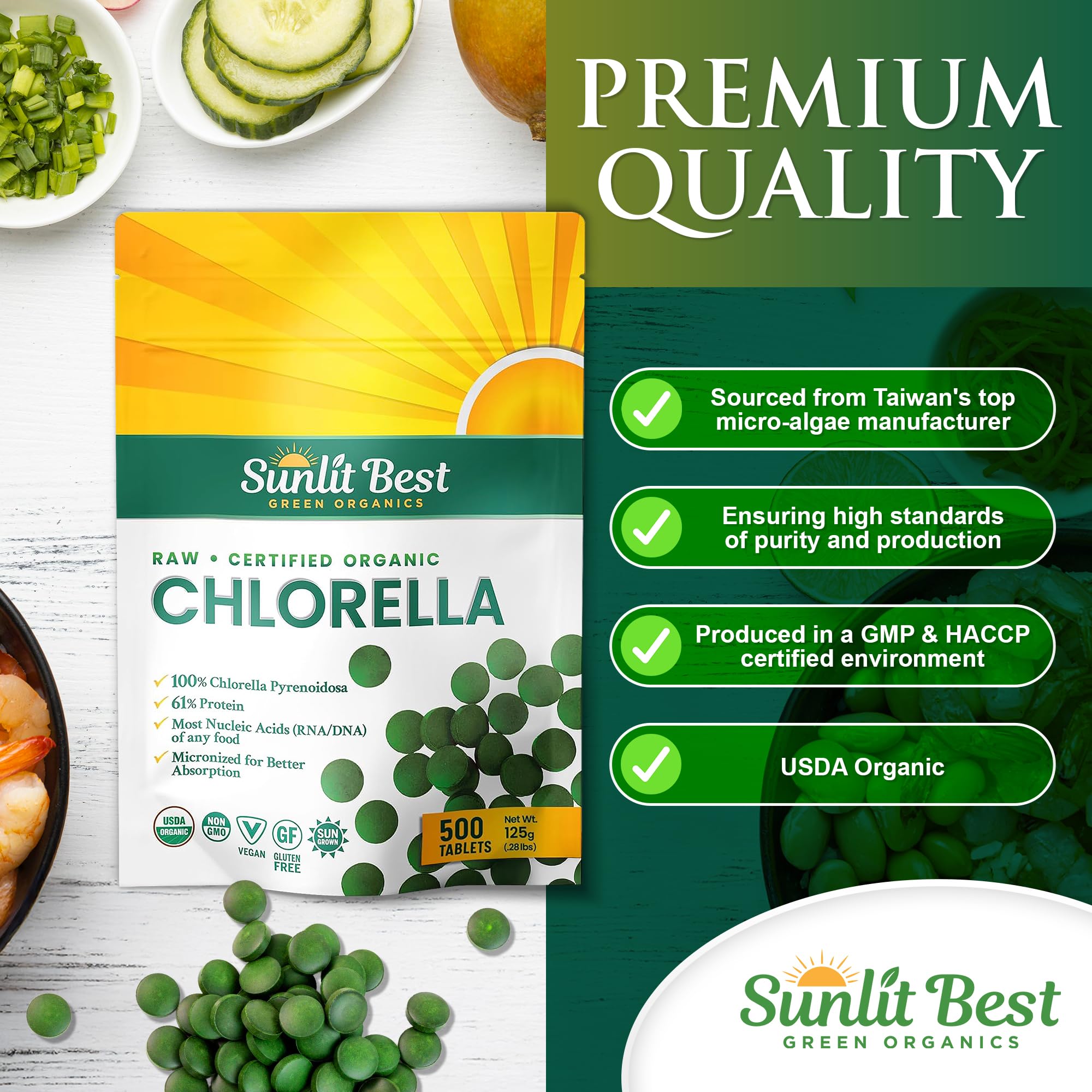 Sunlit Best Green Organics Chlorella Tablets in a bowl