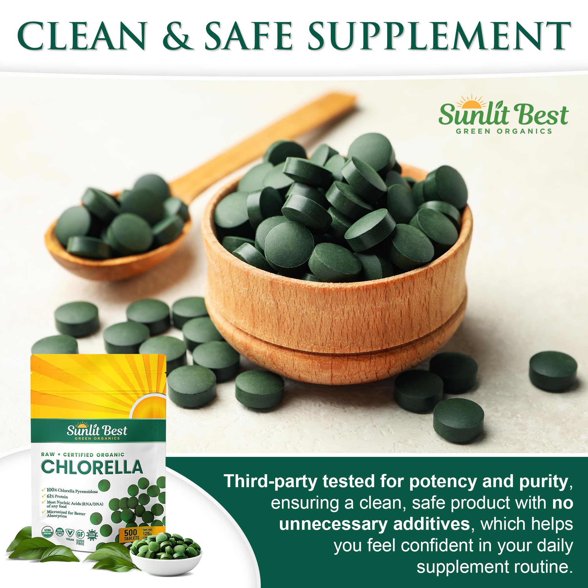 Sunlit Best Green Organics Chlorella Tablets on a wooden surface