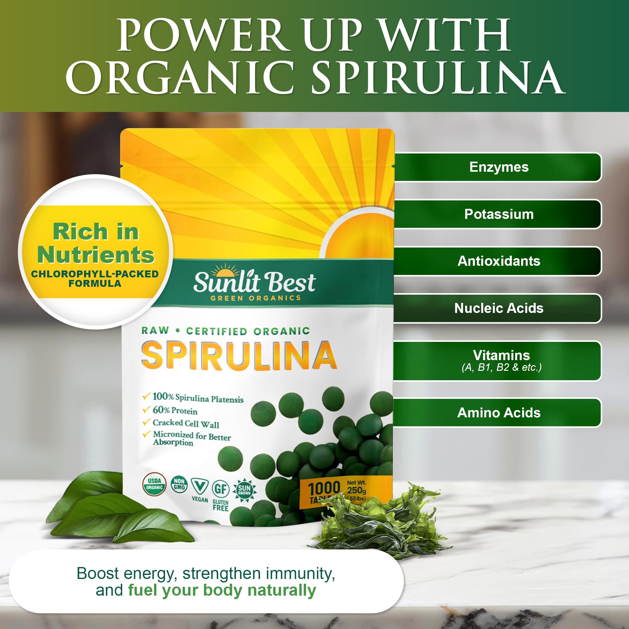 Sunlit Best Green Organics Spirulina Tablets 250g side view