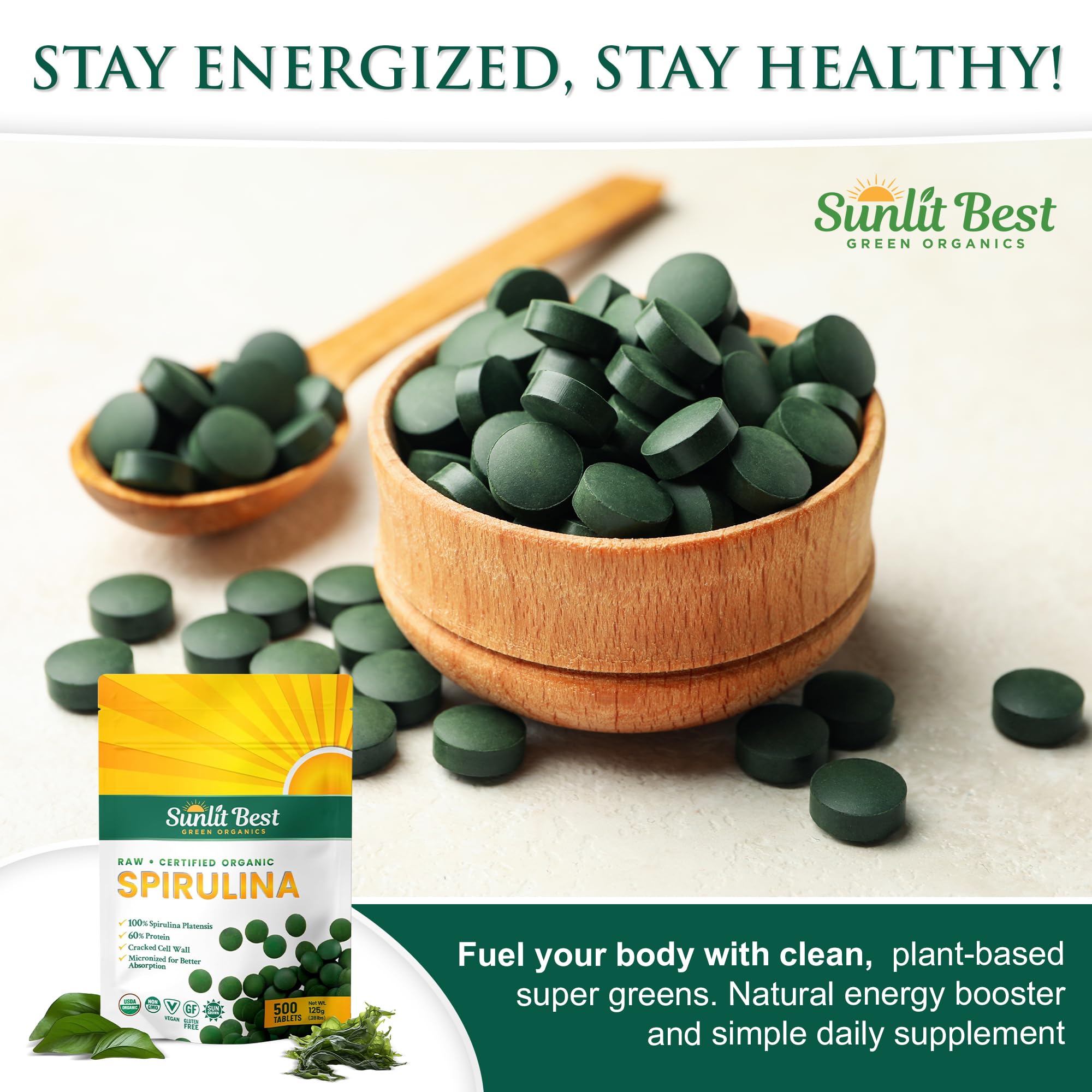 Sunlit Best Green Organics Spirulina Tablets on a wooden table