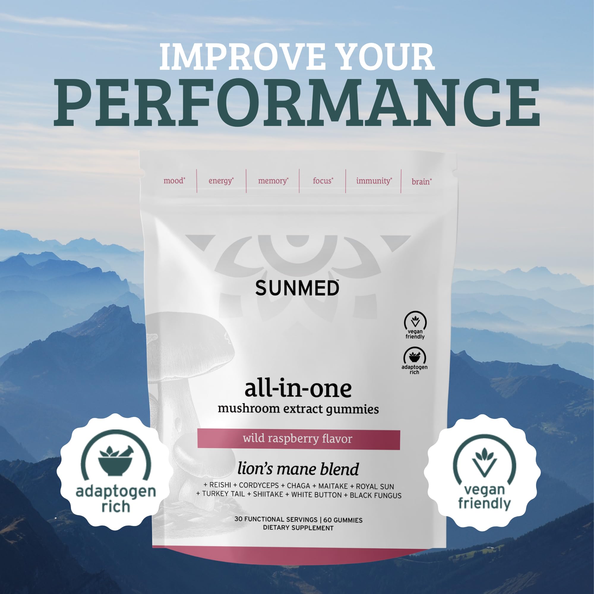SUNMED Mushroom Blend Supplement 181g back view showing ingredients