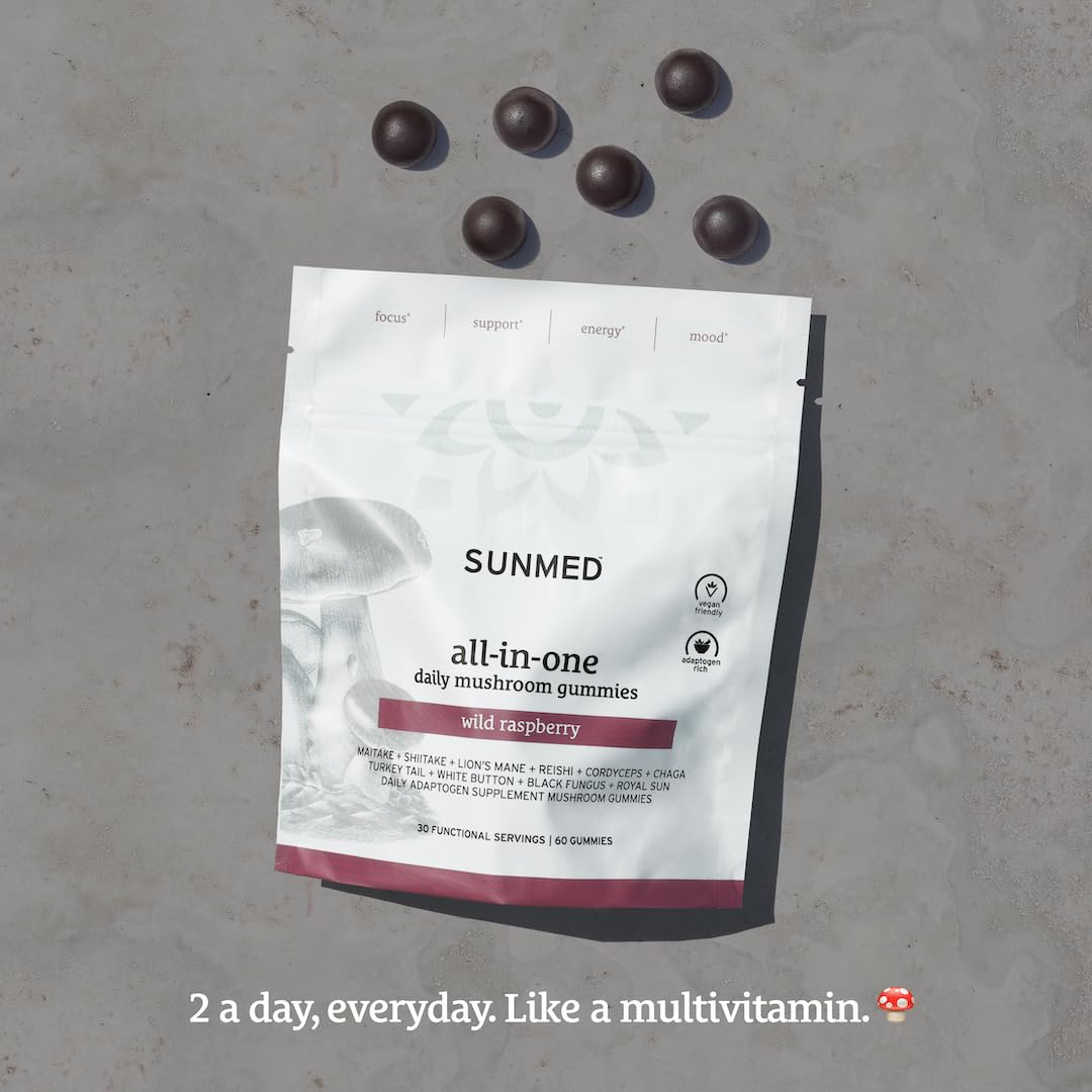 SUNMED Mushroom Blend Supplement 181g displayed with fresh raspberries