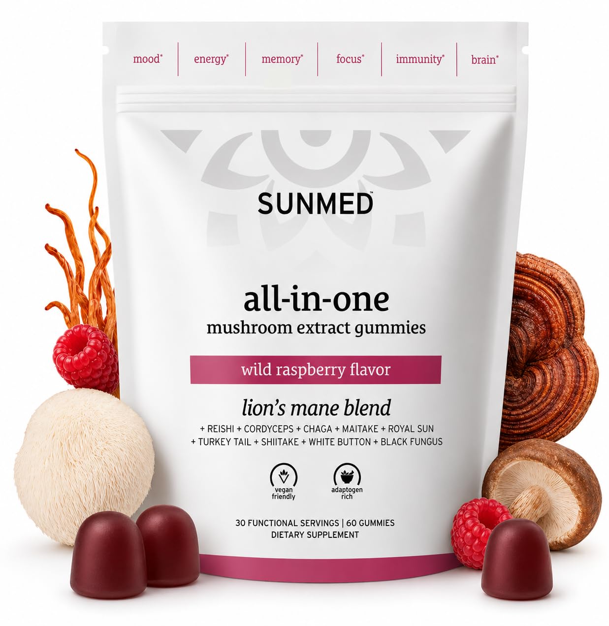 SUNMED Mushroom Blend Supplement 181g front view with packaging