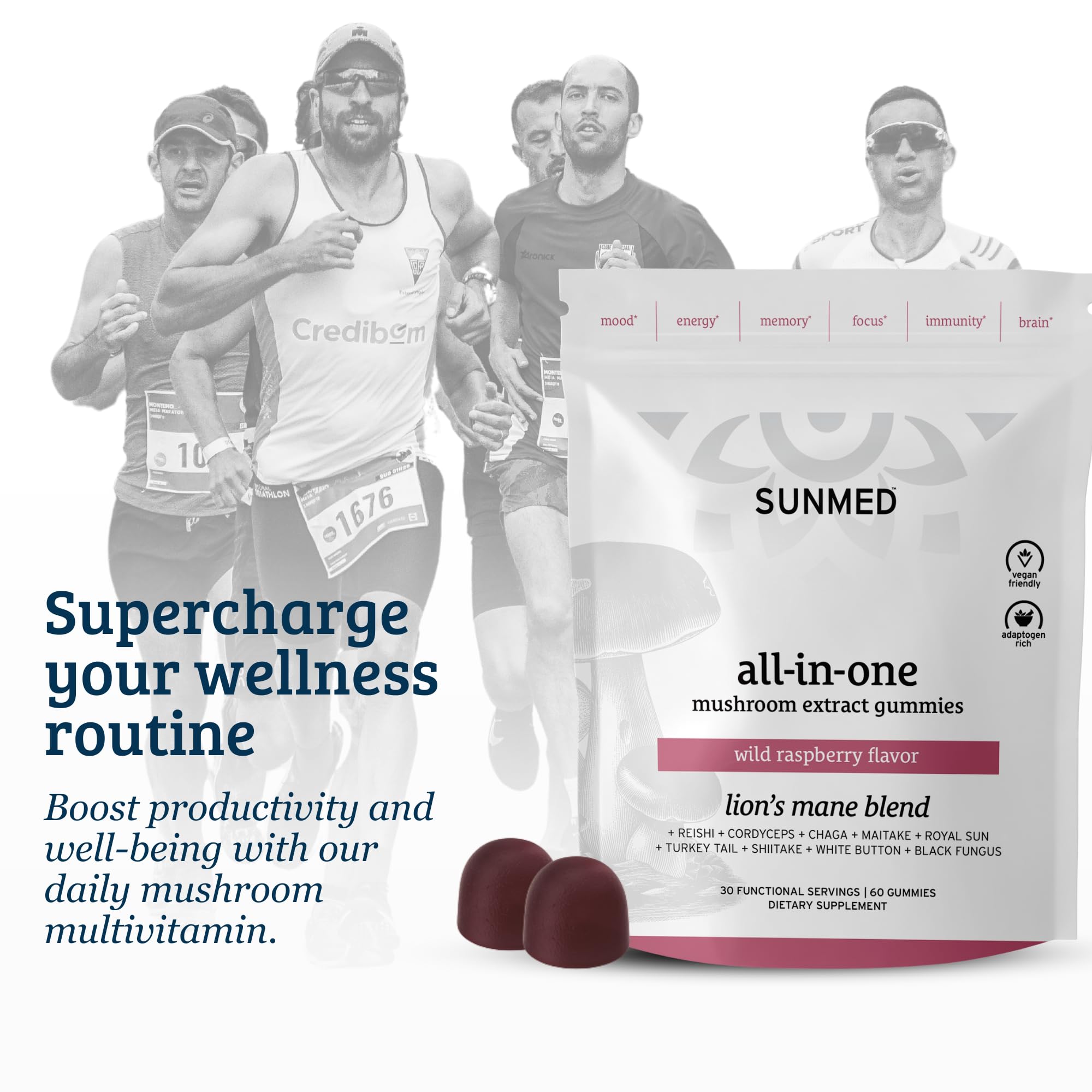 SUNMED Mushroom Blend Supplement 181g with a glass of water