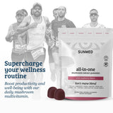 SUNMED Mushroom Blend Supplement 181g with a glass of water