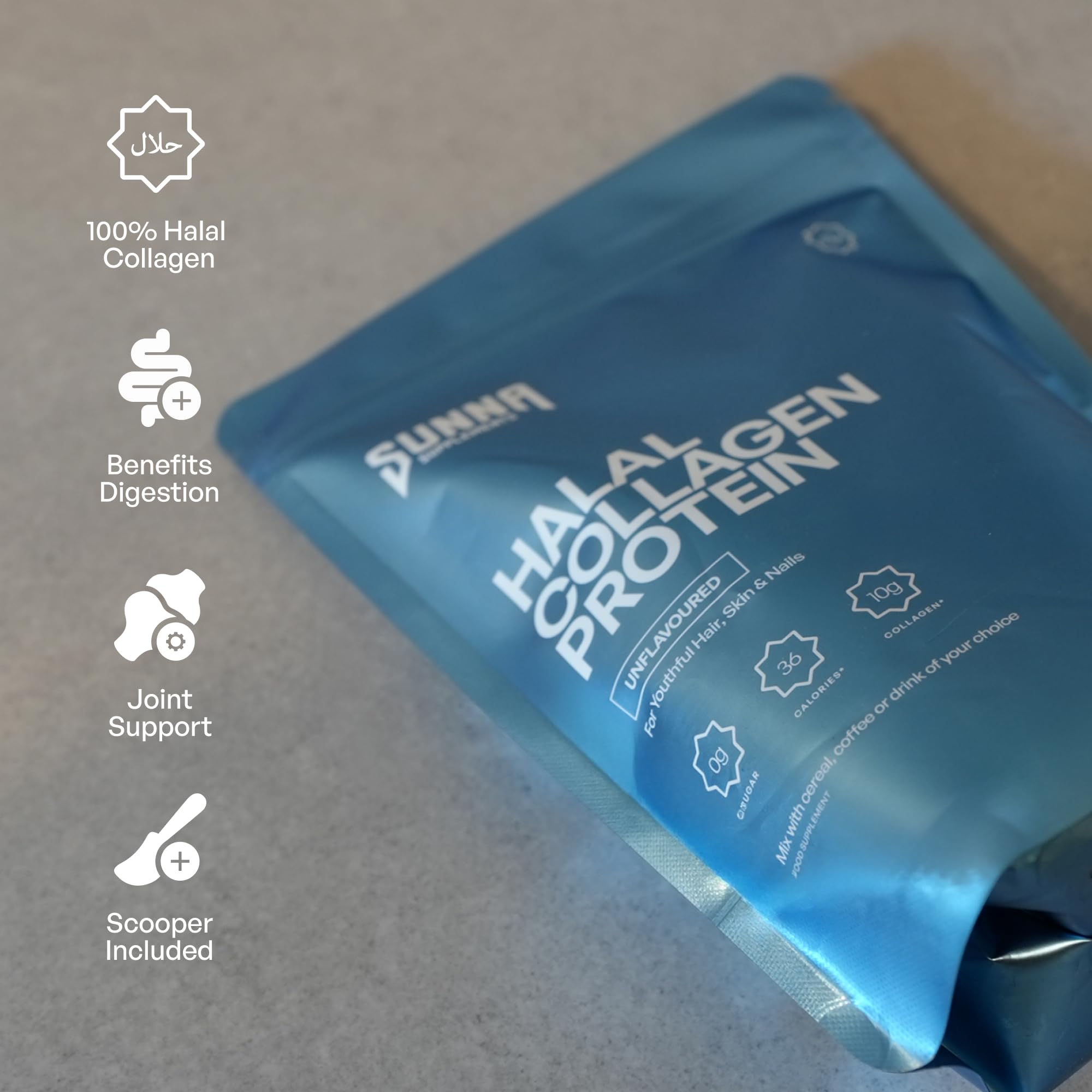 SUNNA SUPPLEMENTS Halal Collagen Powder mixed in a glass of water