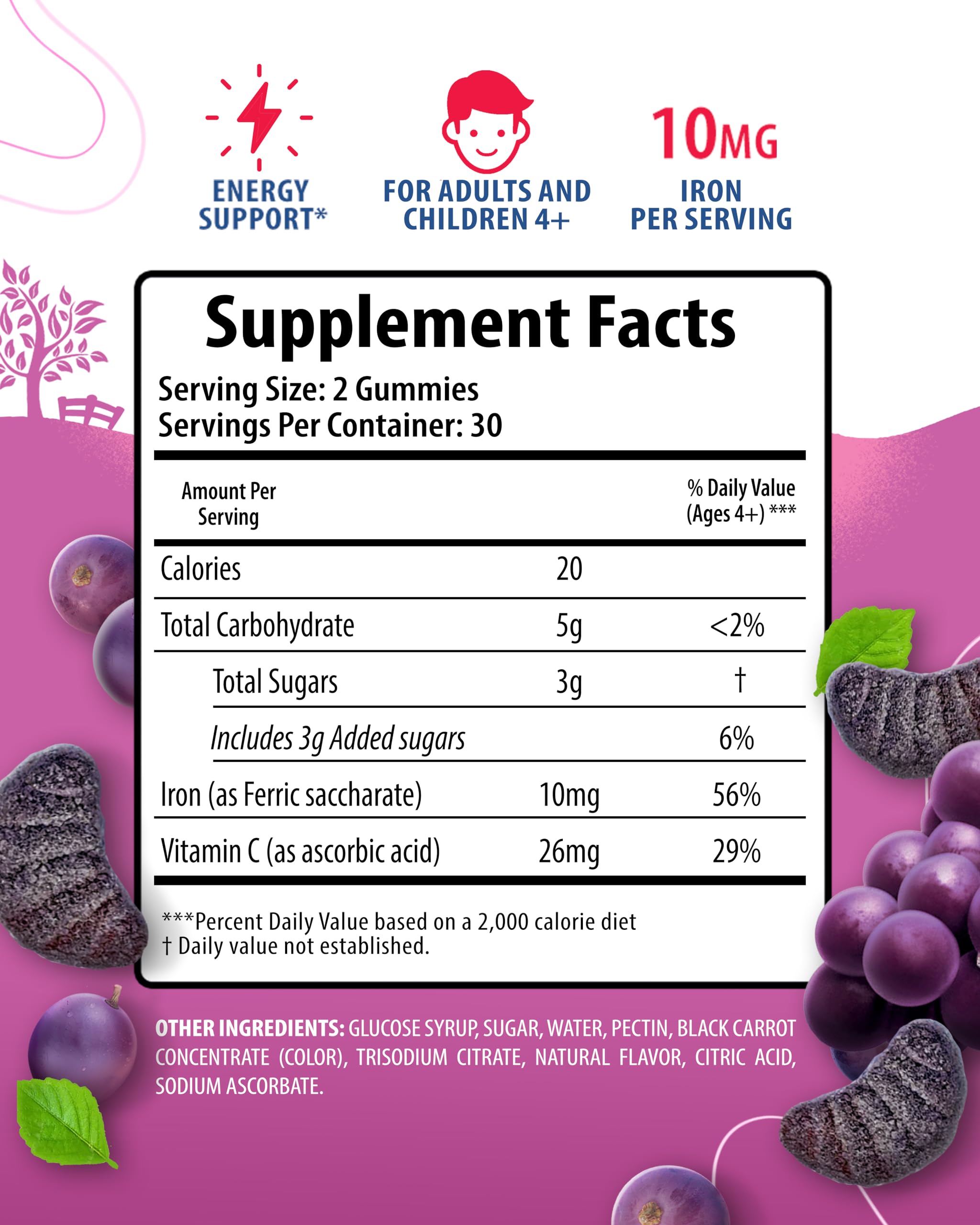 SUNNY SAM Iron Gummies for Kids 10mg grape flavour back view