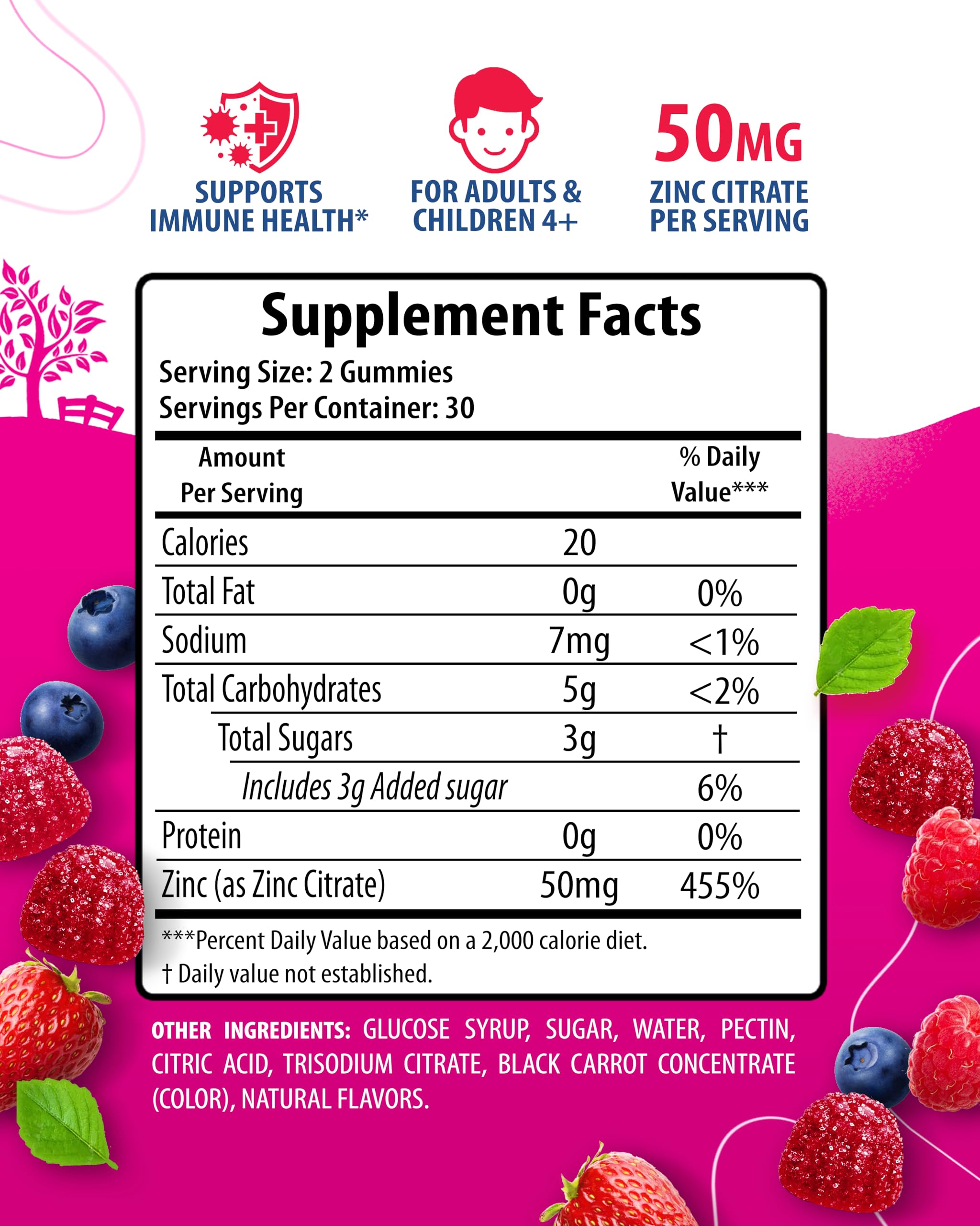 SUNNY SAM Zinc Gummies 50mg side view showing nutrition facts