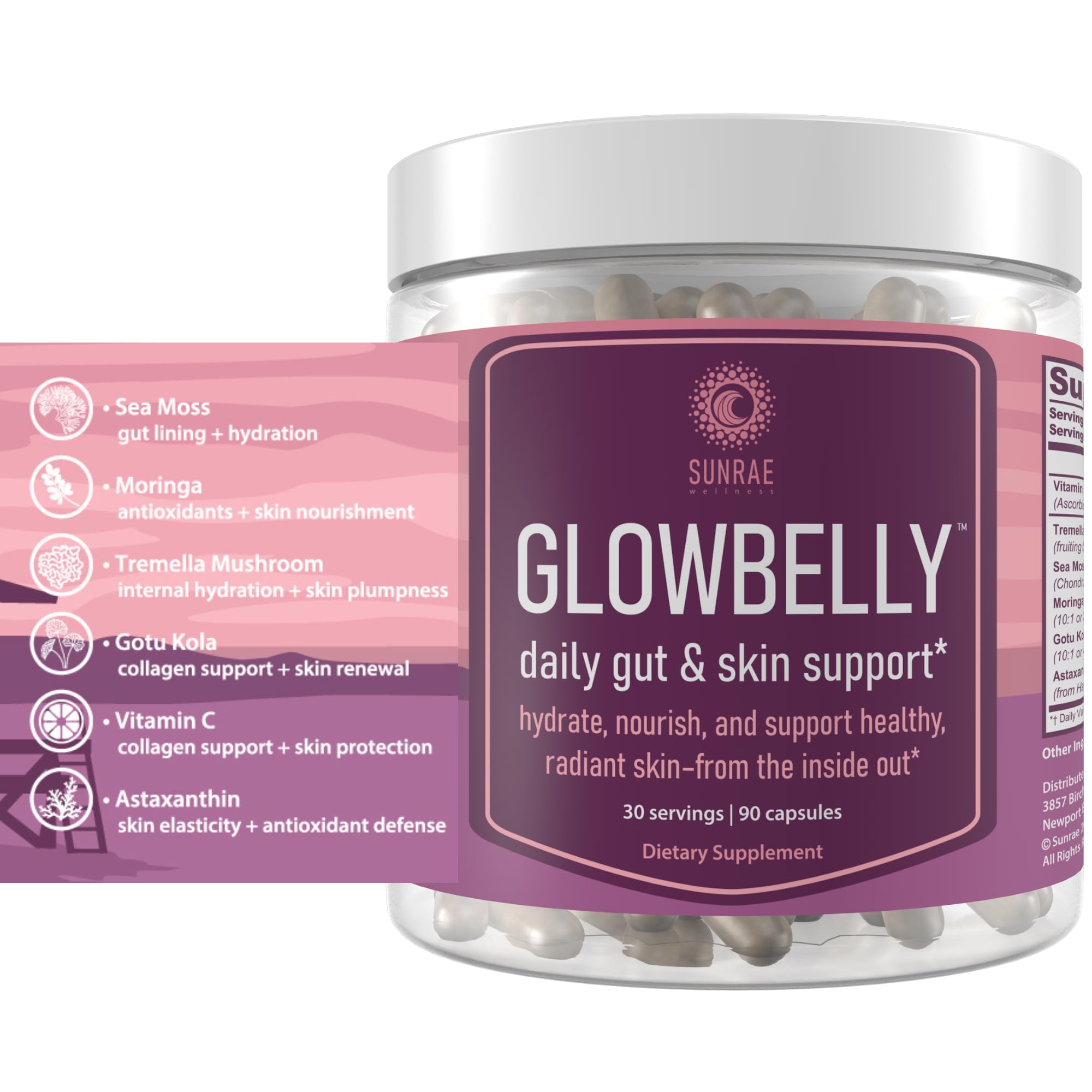 Sunrae Wellness Glowing Skin Supplement with a glass of water