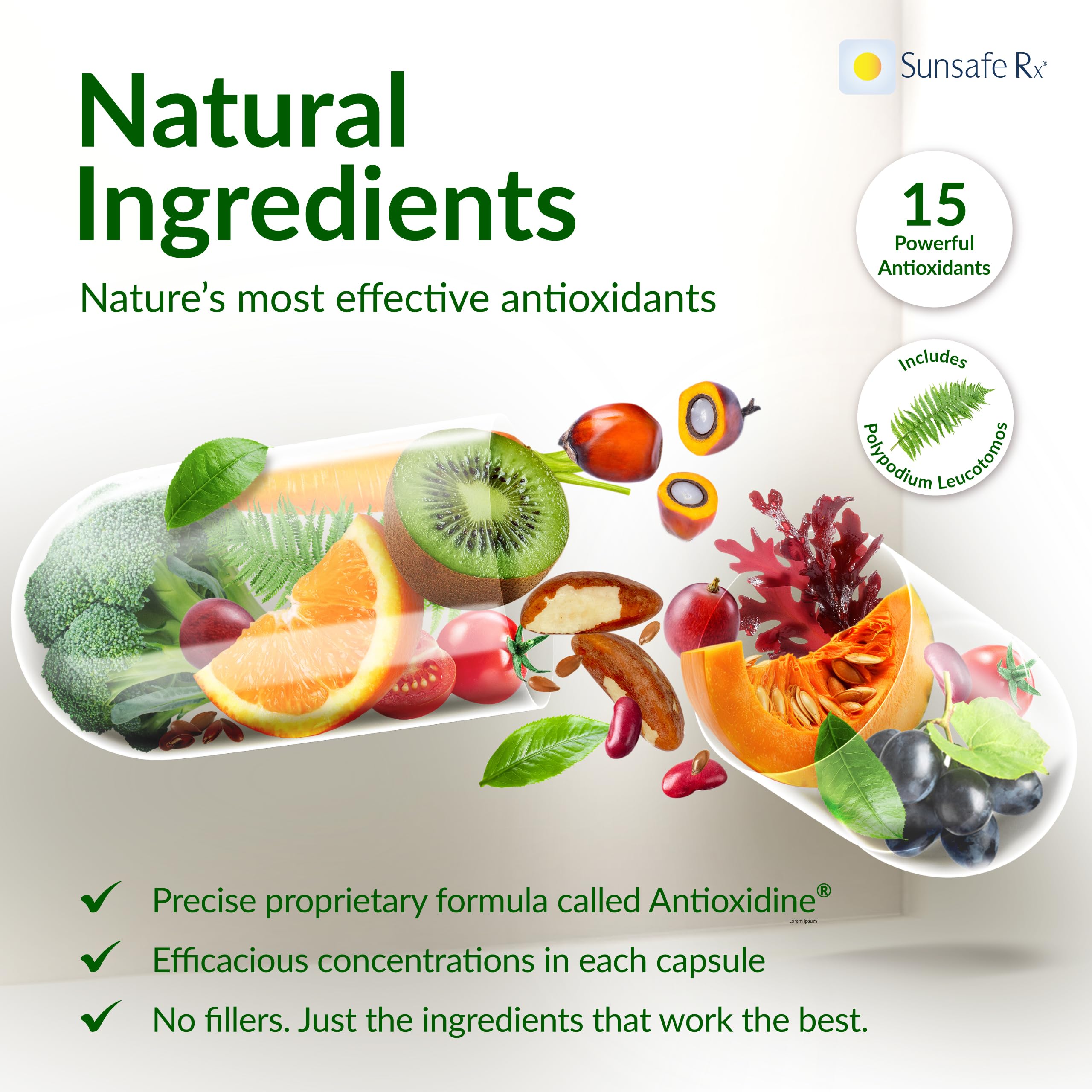 Sunsafe Rx Antioxidant Supplement side view with ingredients listed