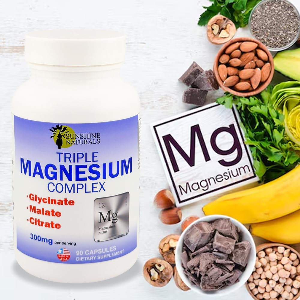 Sunshine Naturals Triple Magnesium Complex 300mg capsules with a measuring spoon
