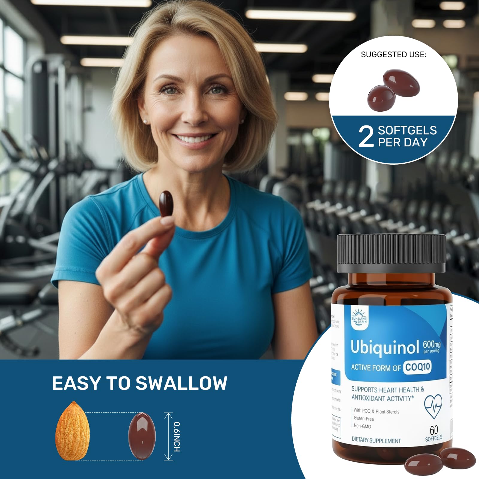 Sunshine & Rain CoQ10 Ubiquinol 600mg softgels with ingredients