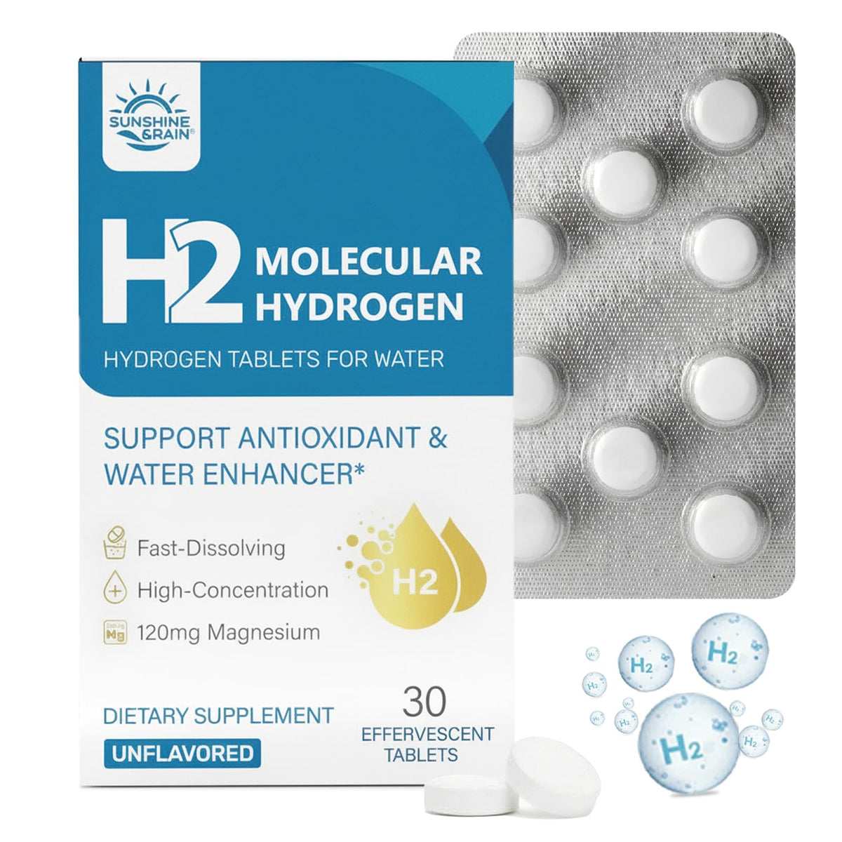 Sunshine & Rain Molecular Hydrogen Tablets front view packaging