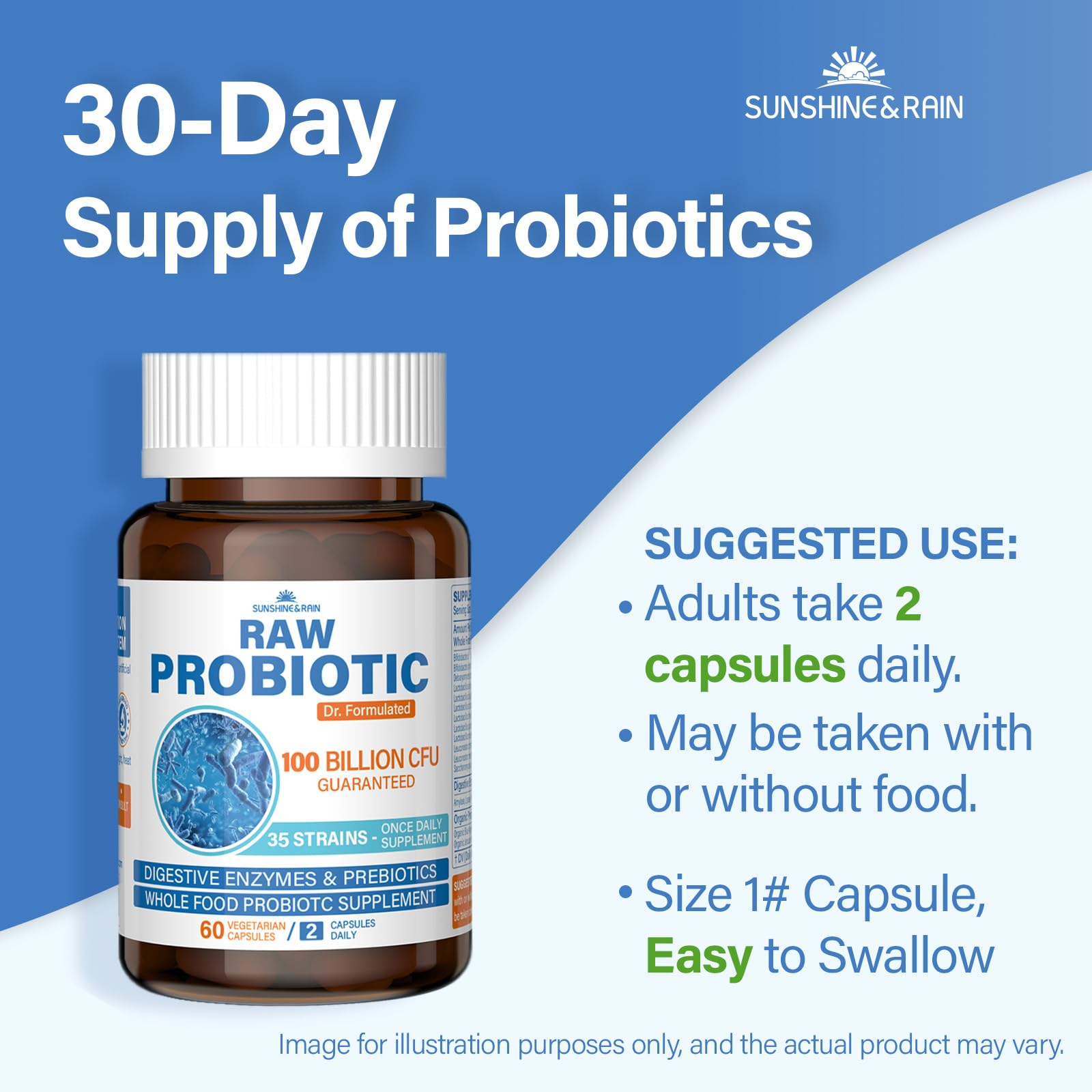 Sunshine & Rain Probiotics 100 Billion CFU bottle with a measuring spoon