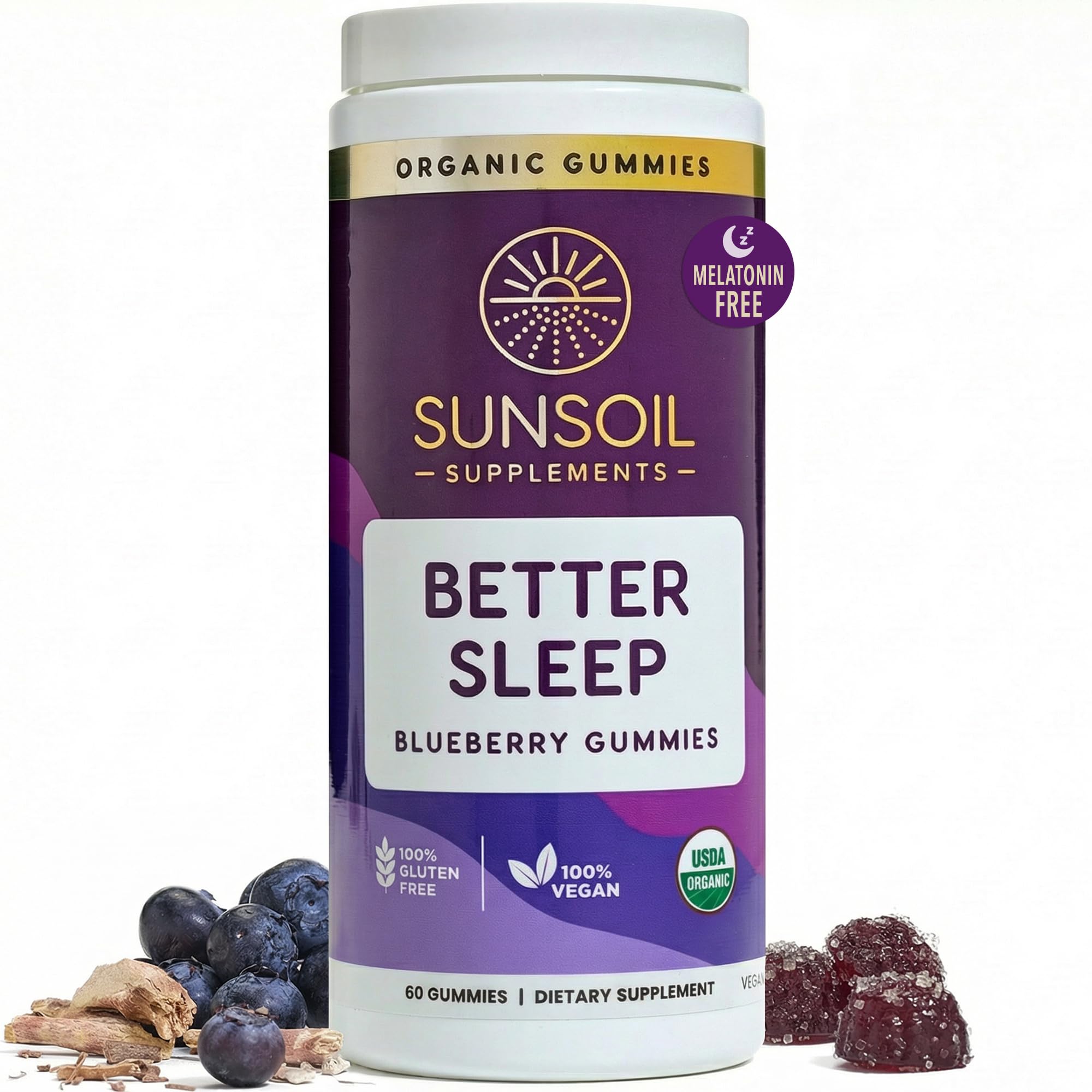 Sunsoil Sleep Gummies packaging front view with blueberry flavour
