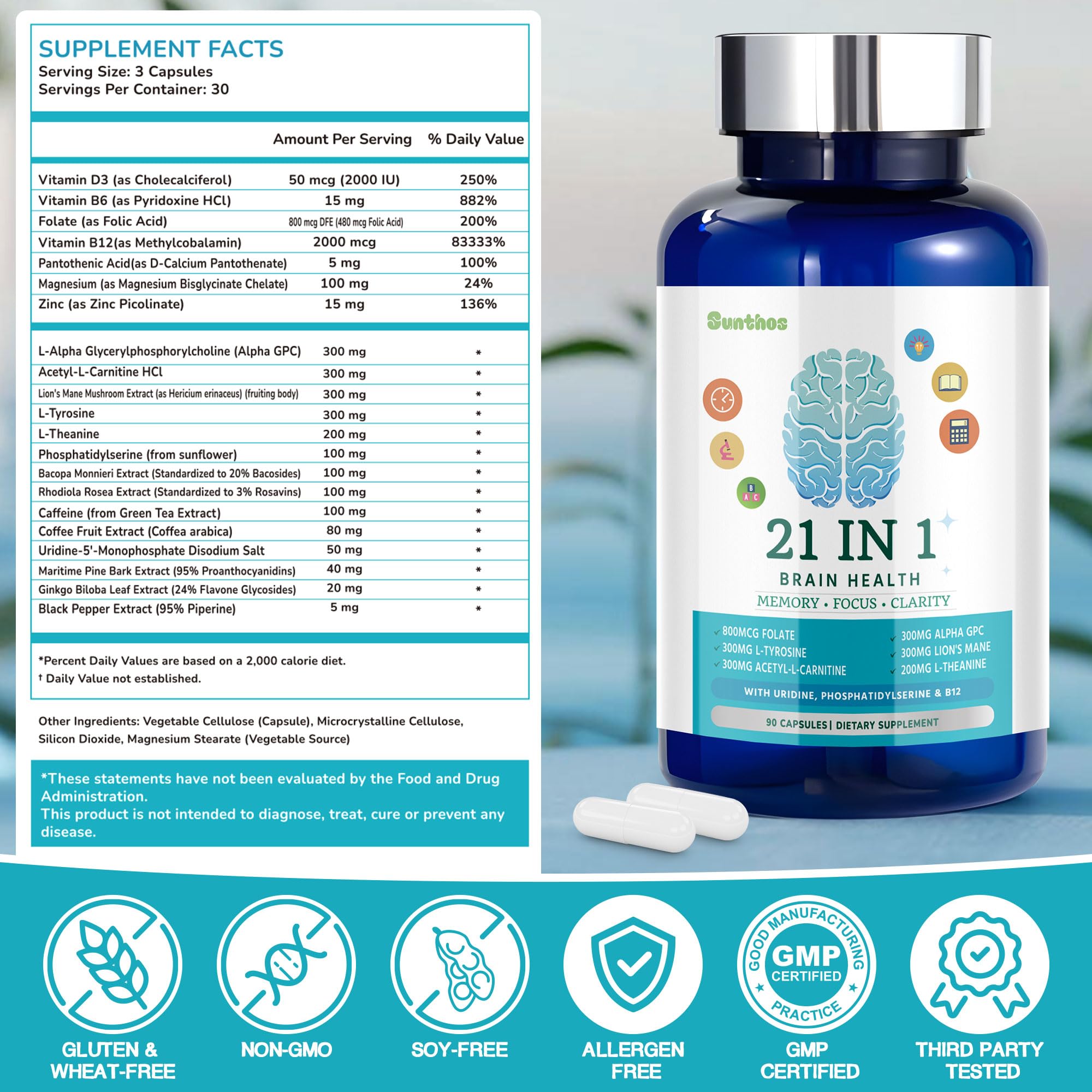 Sunthos Brain Support Supplement with lifestyle background