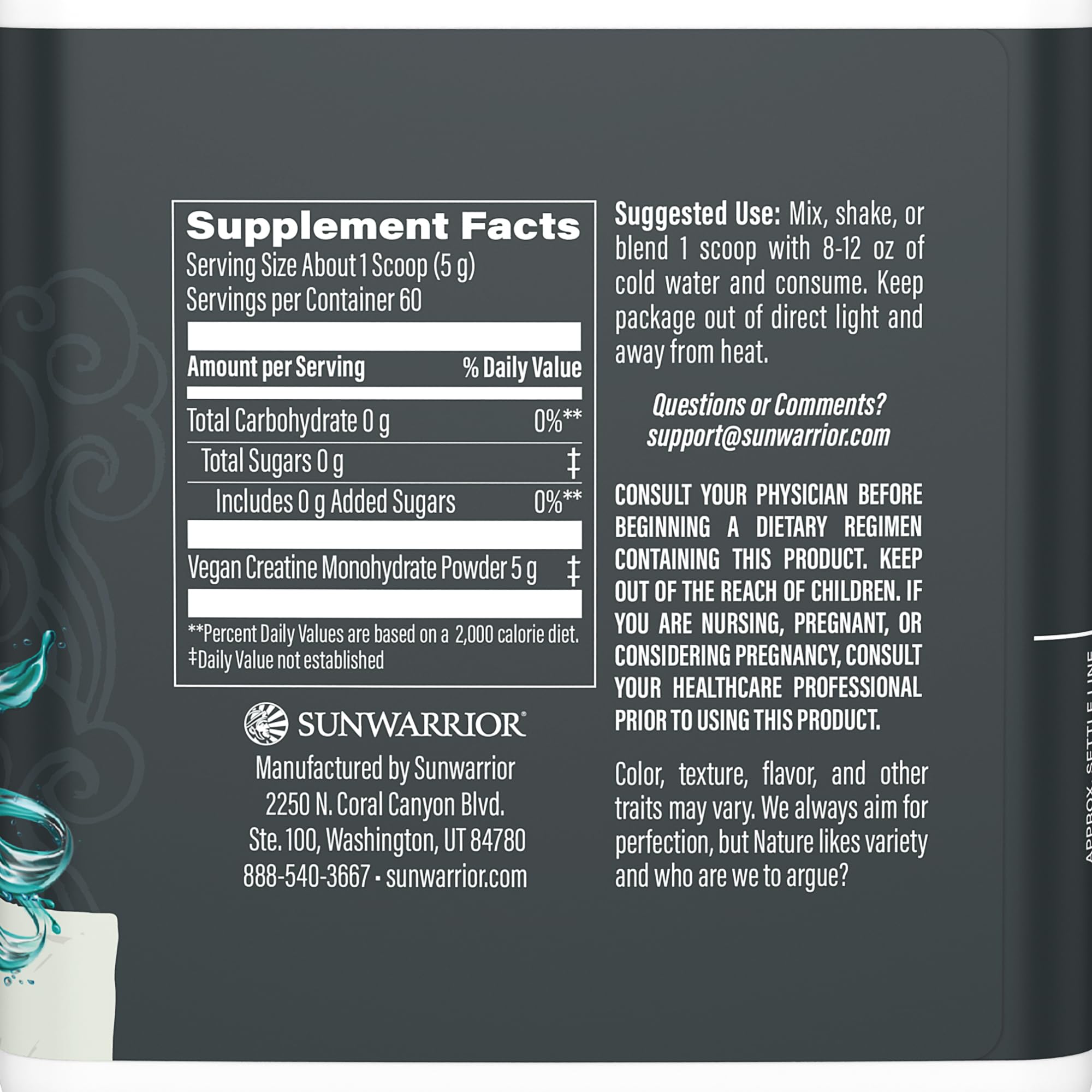 Sunwarrior Active Creatine 301g back view with nutritional information