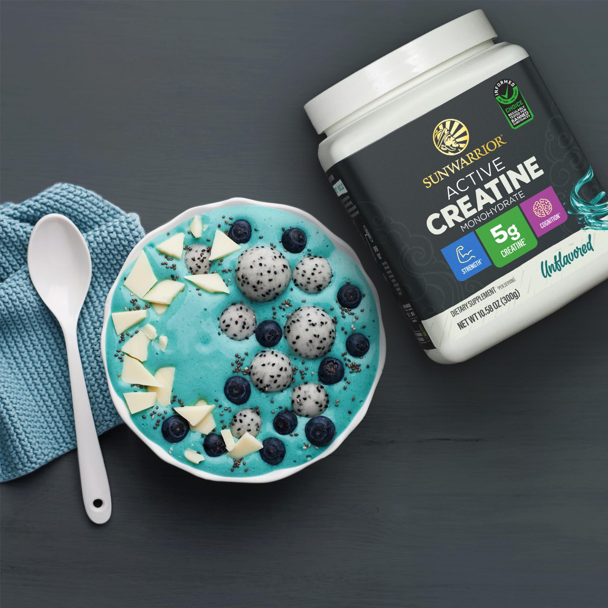 Sunwarrior Active Creatine 301g packaging on a gym bench