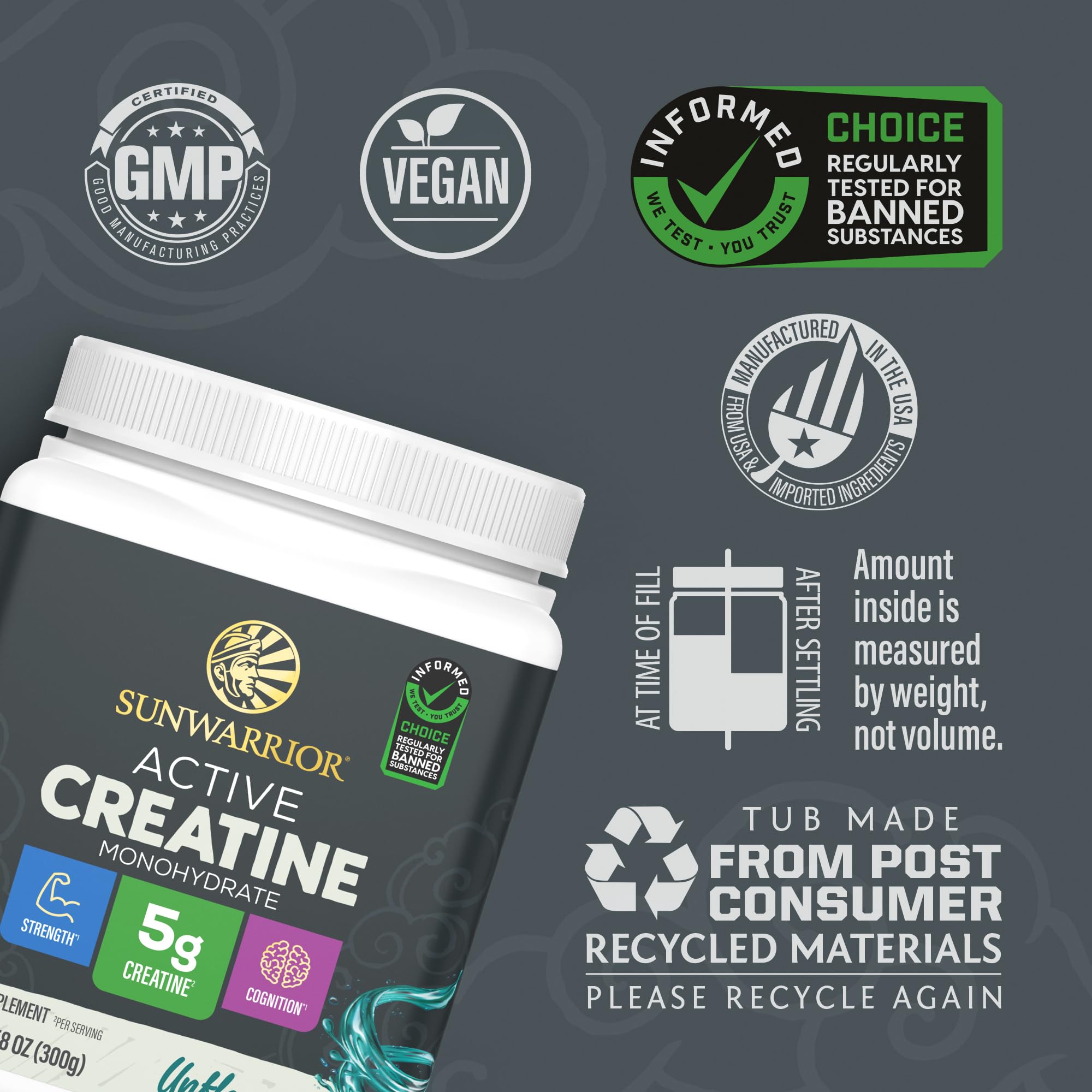 Sunwarrior Active Creatine 301g side view showing the product label
