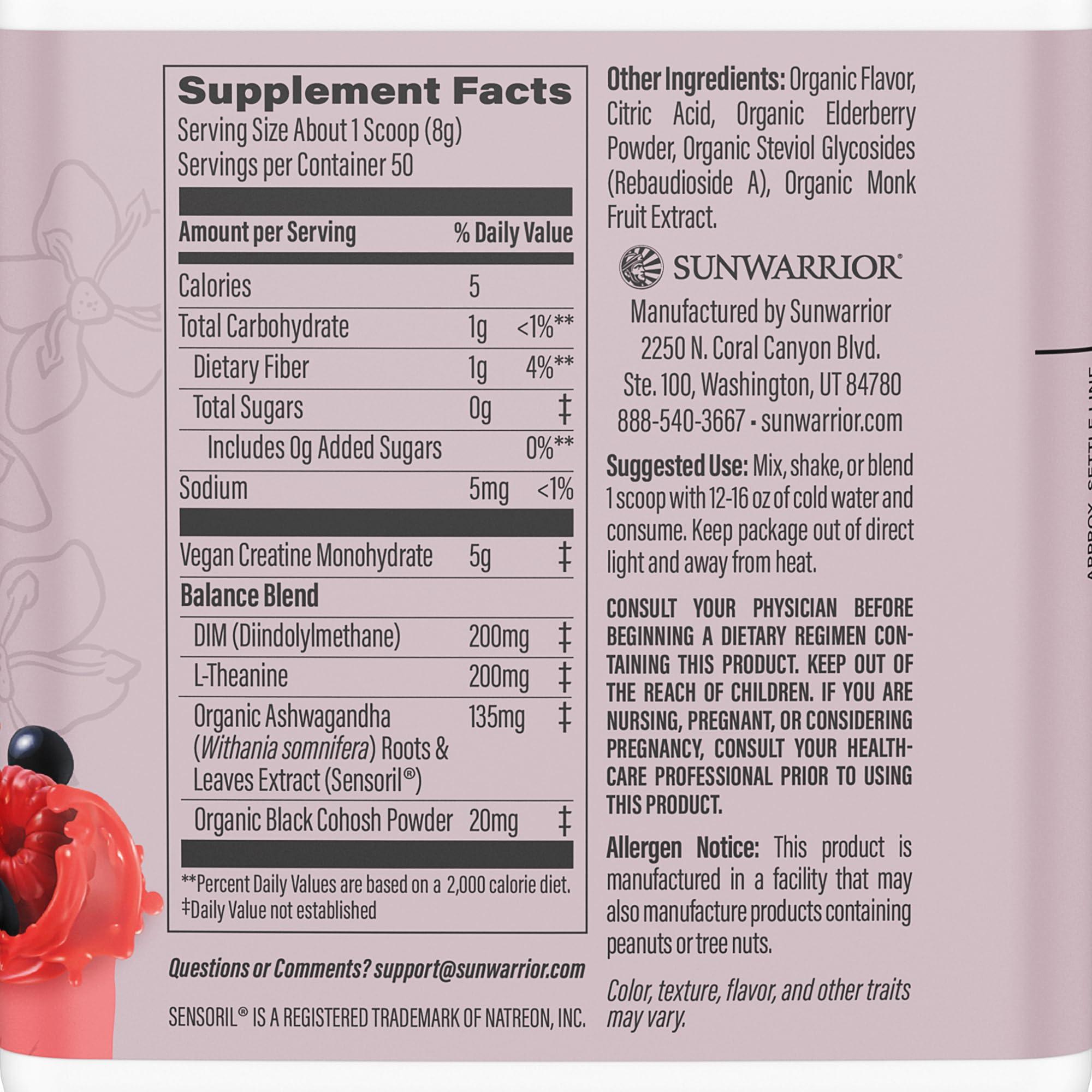 Sunwarrior Creatine for Her 400g back view with ingredient list