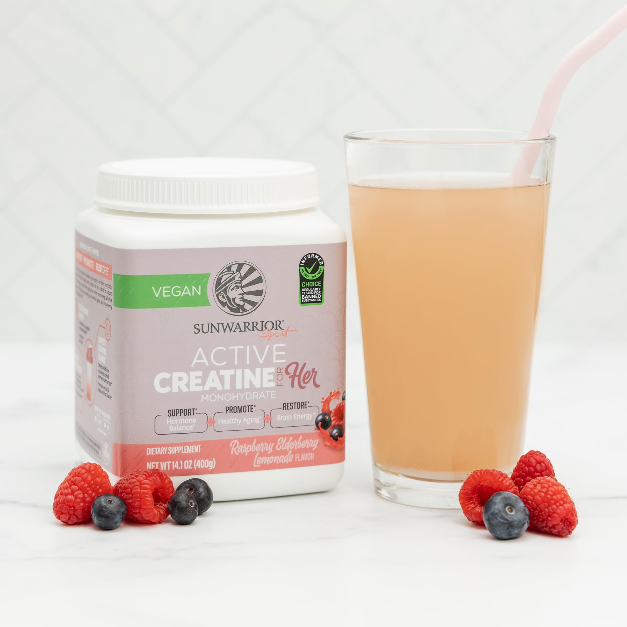 Sunwarrior Creatine for Her 400g with fresh raspberries