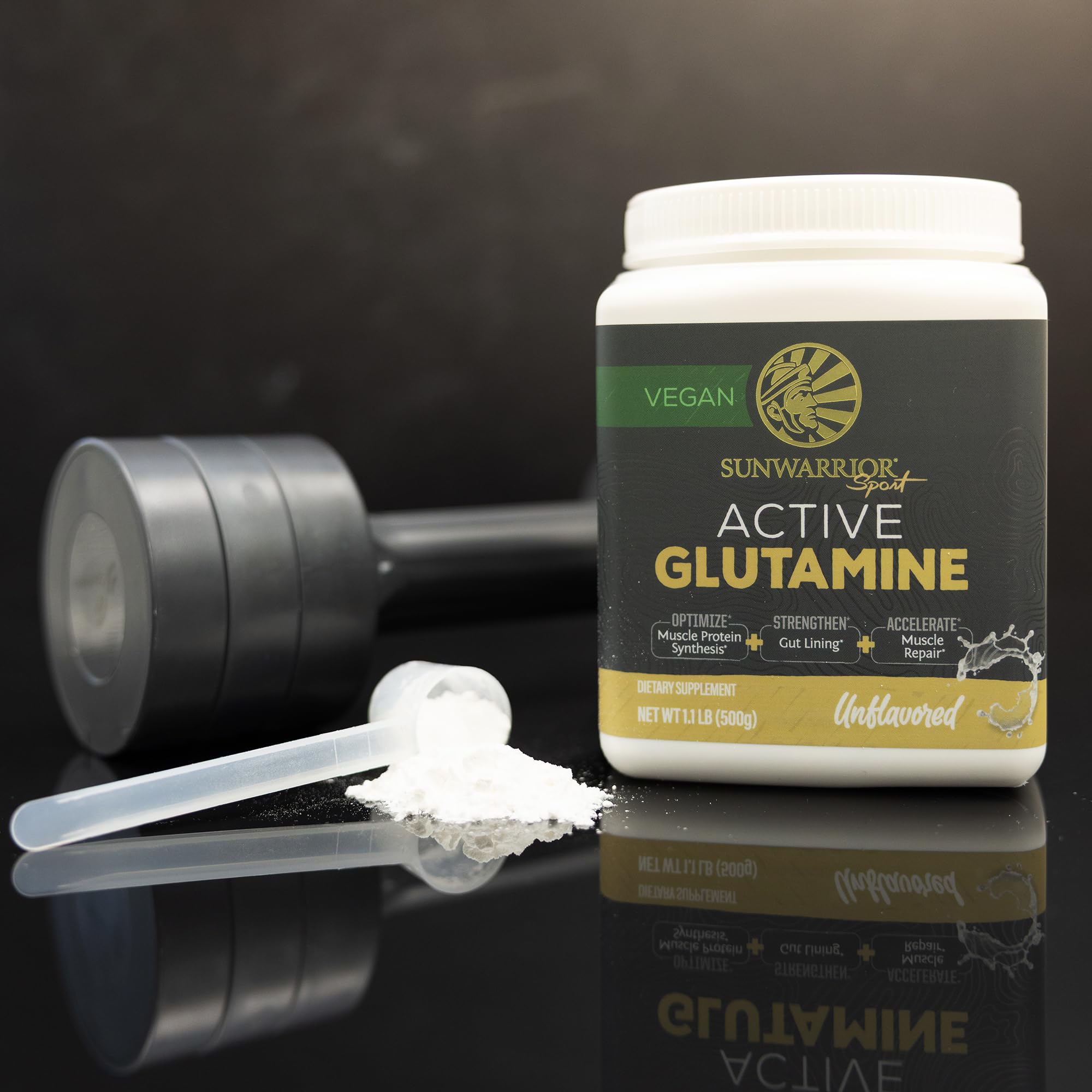 Sunwarrior L-Glutamine Powder 499g with a measuring spoon