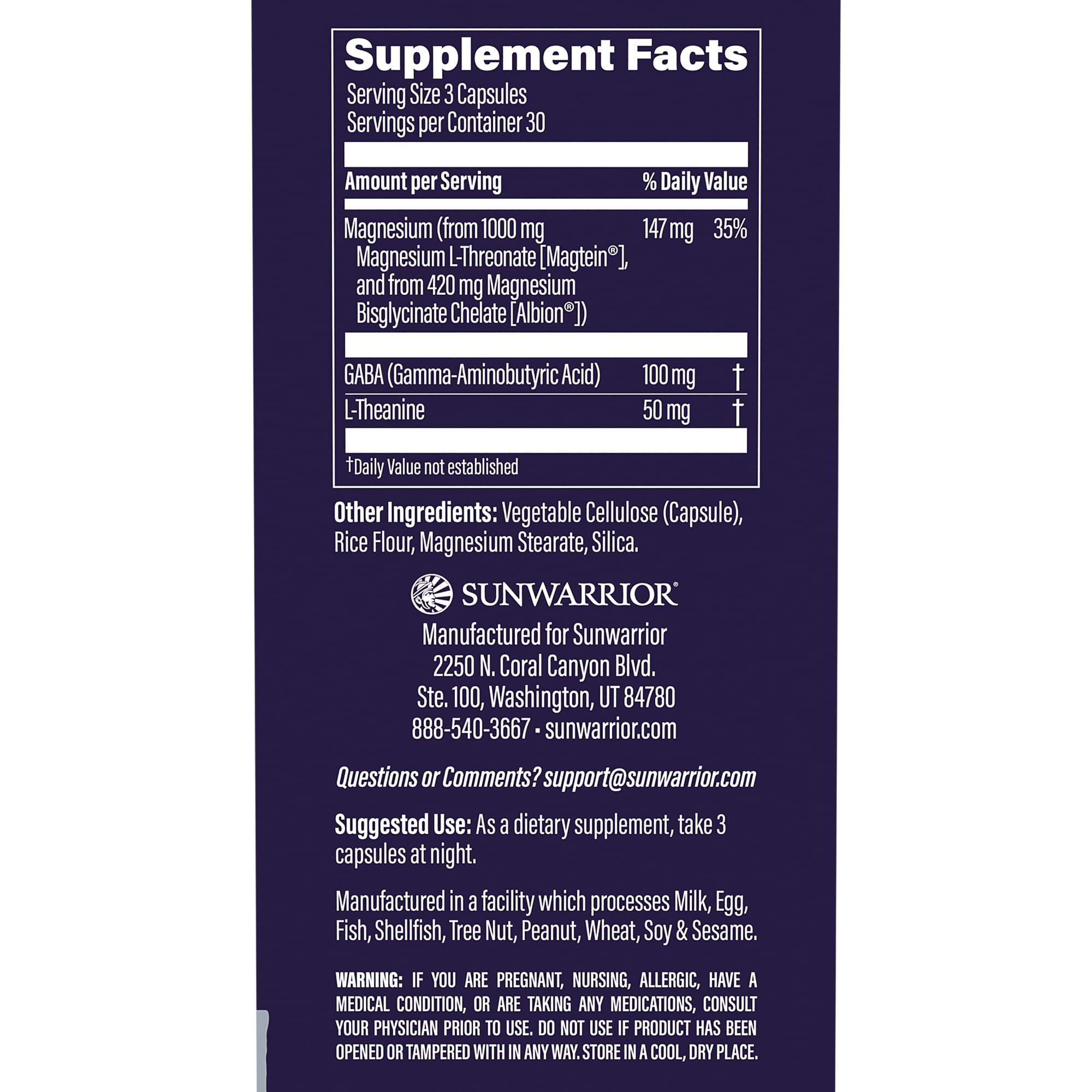 Sunwarrior Magnesium Capsules side view with dosage details