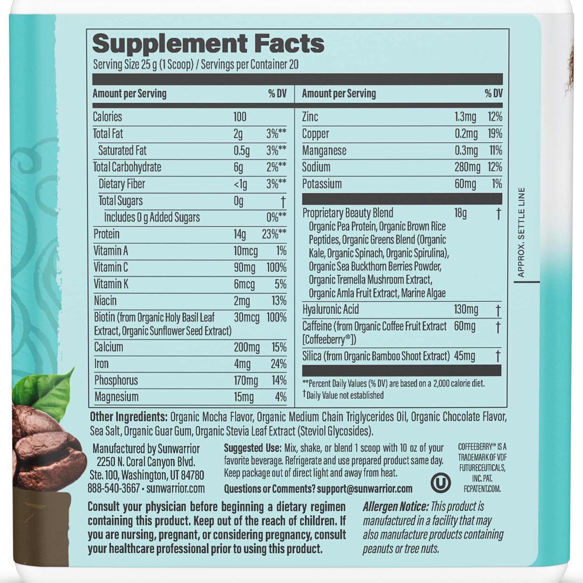 Sunwarrior Vegan Collagen support 500g back view with nutritional information