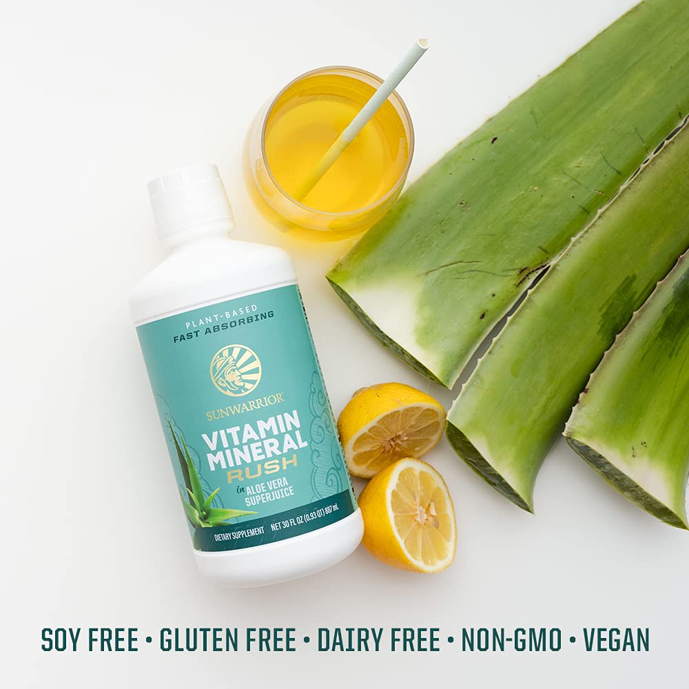 Sunwarrior Vitamin Mineral Rush liquid in a glass
