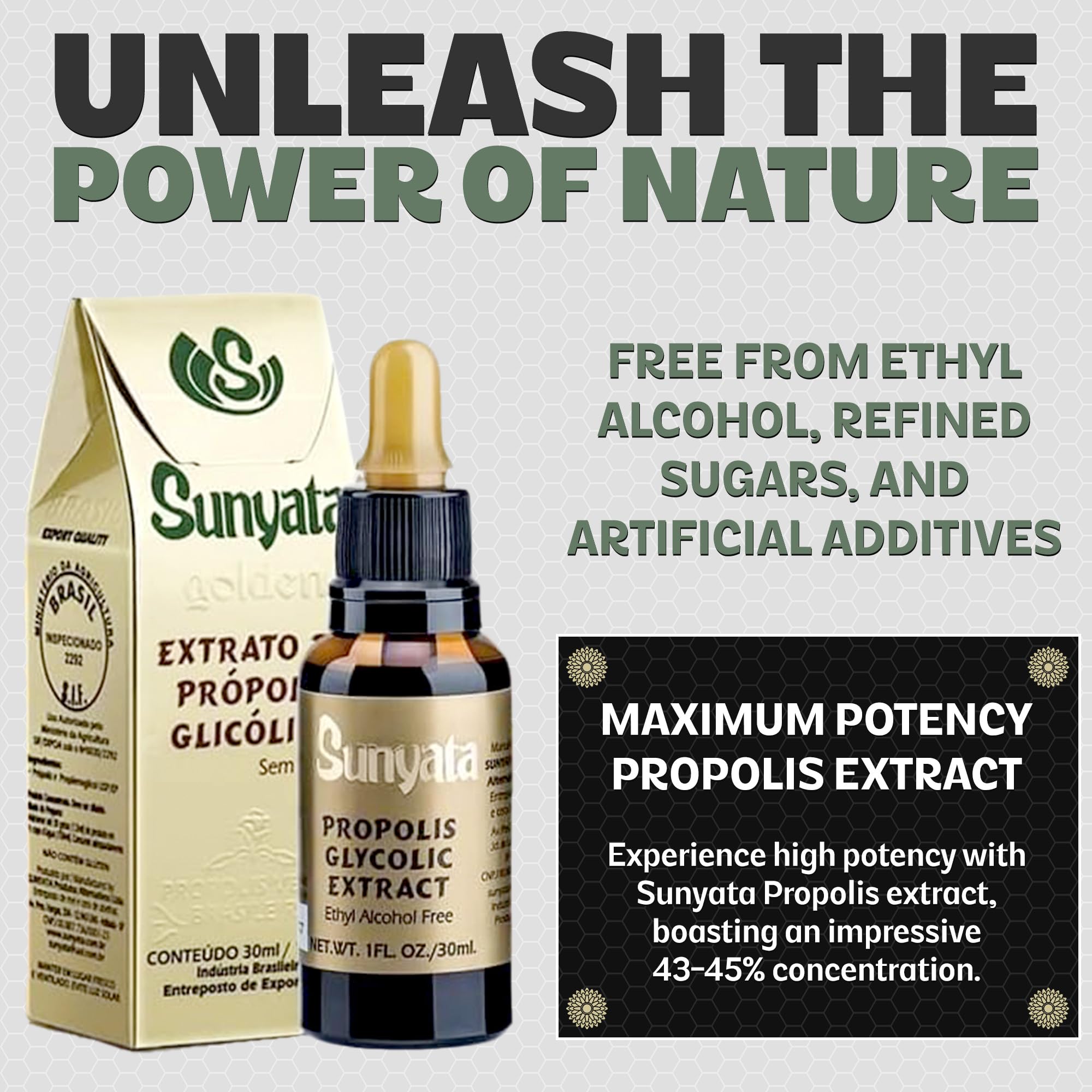 Sunyata Green Bee Propolis 100% Glycolic Extract bottle with dropper