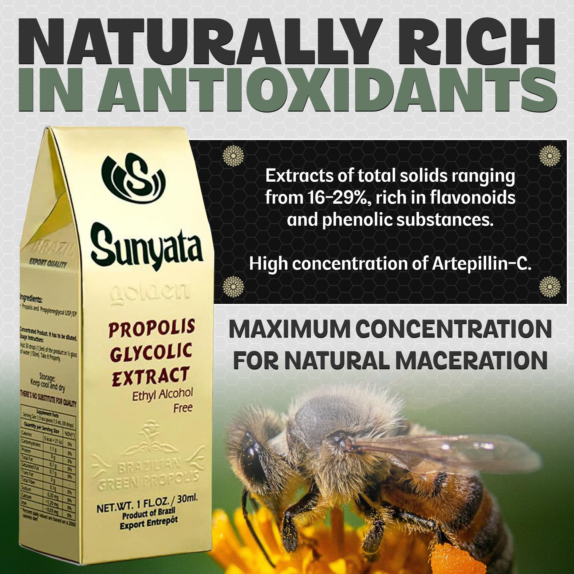 Sunyata Green Bee Propolis 100% Glycolic Extract packaging details