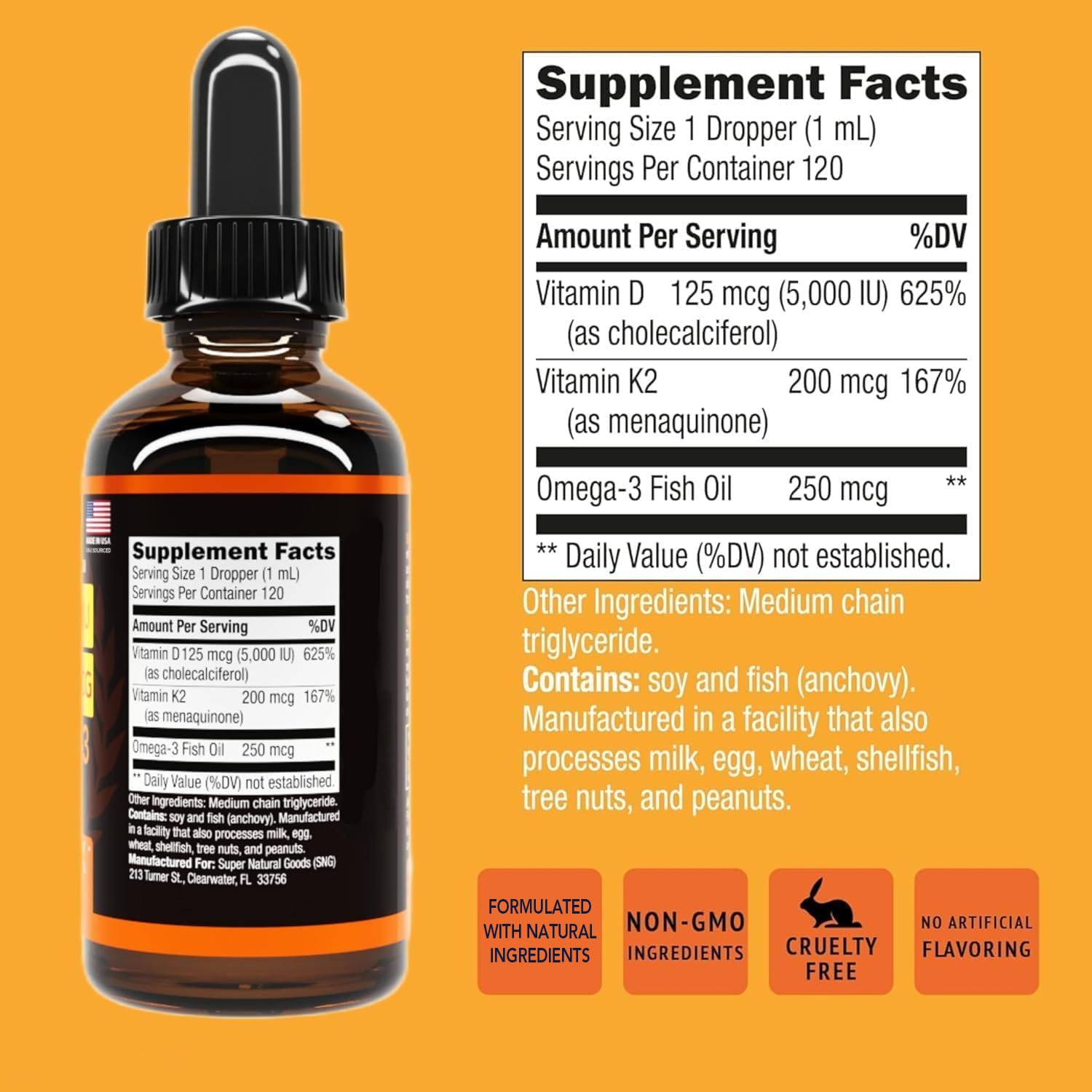Super Natural Goods D3 K2 Drops 5000 IU with measuring dropper