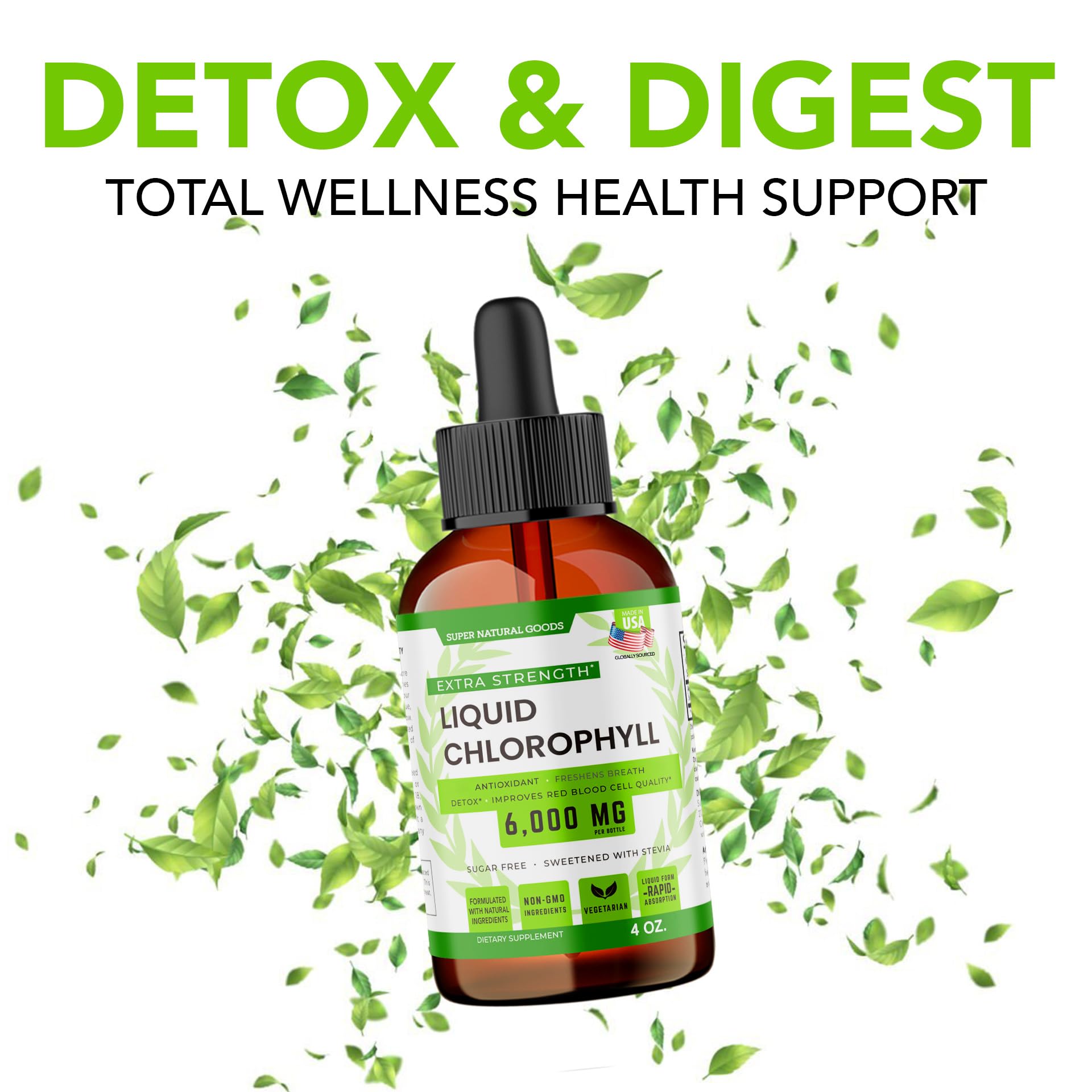 Super Natural Goods Liquid Chlorophyll Drops mixed in a glass of water