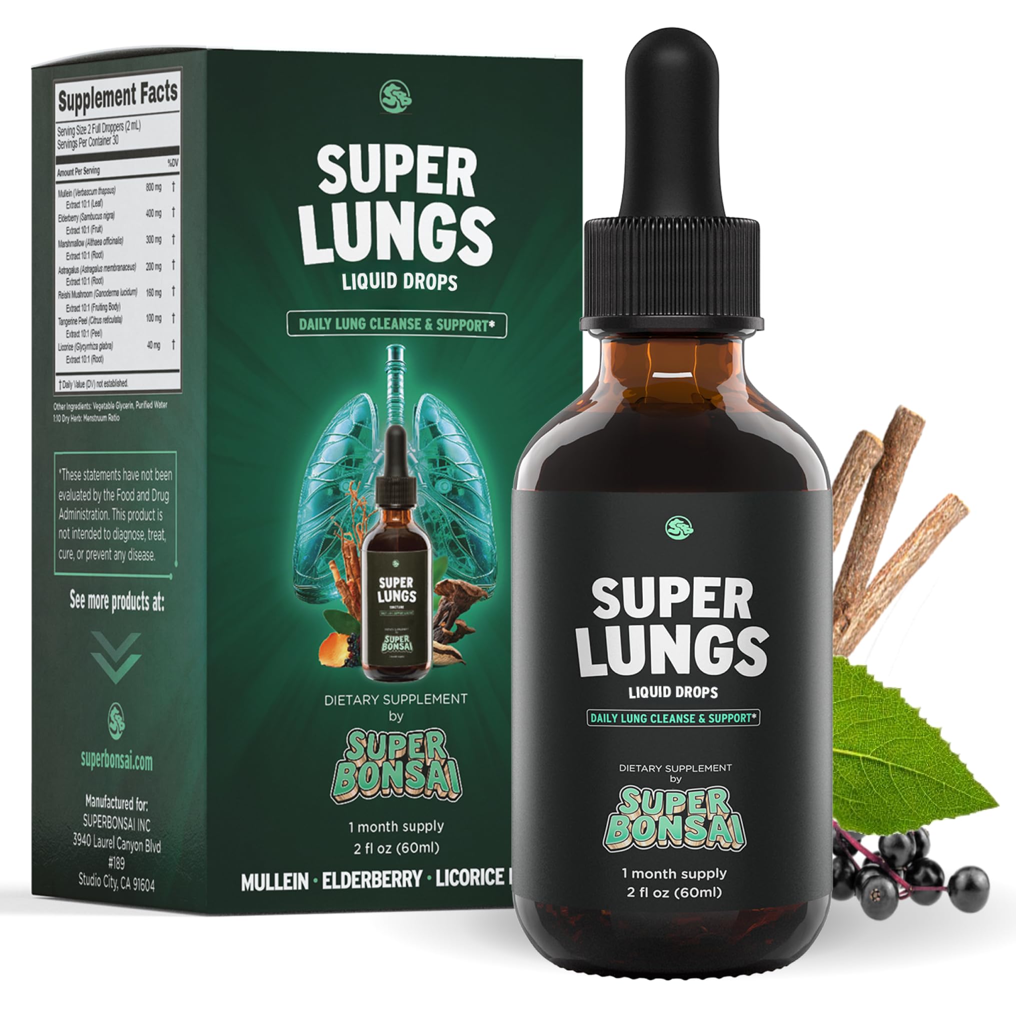 SuperBonsai Super Lungs Herbal Tincture front view with dropper