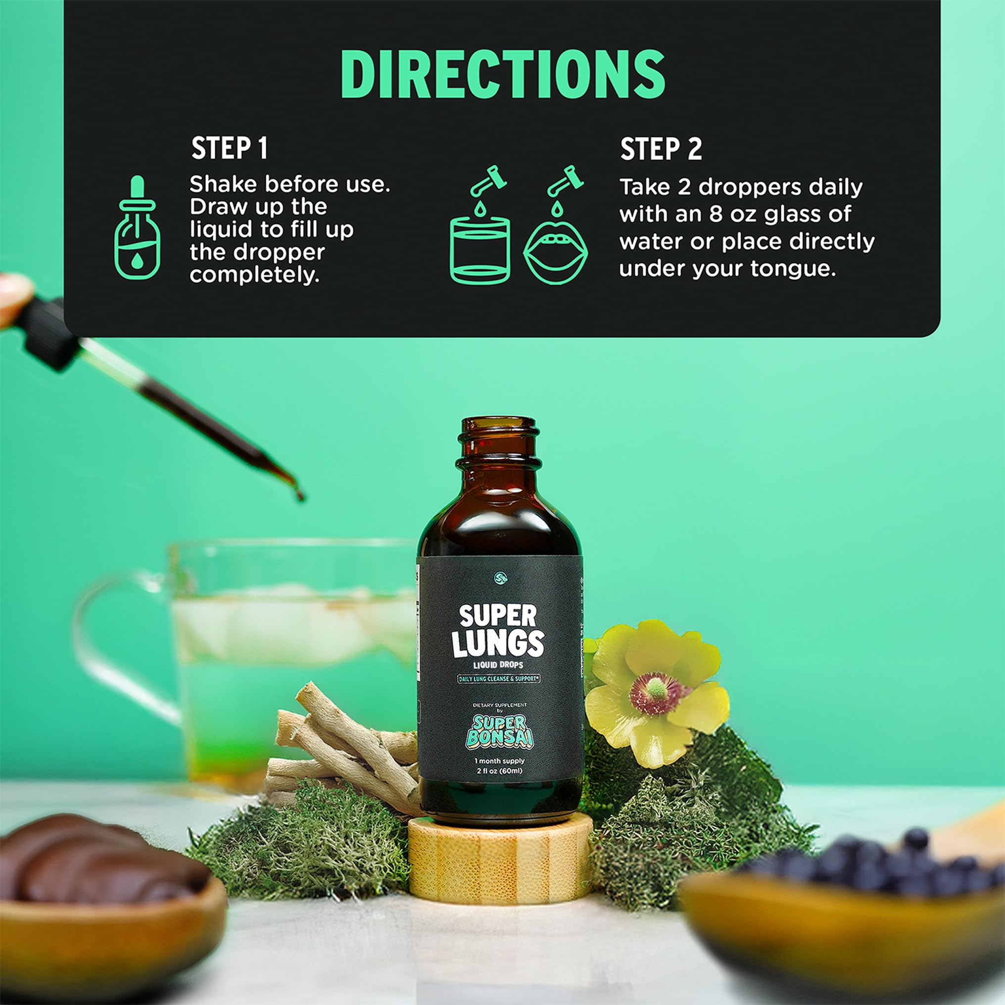 SuperBonsai Super Lungs Herbal Tincture side view showing ingredients