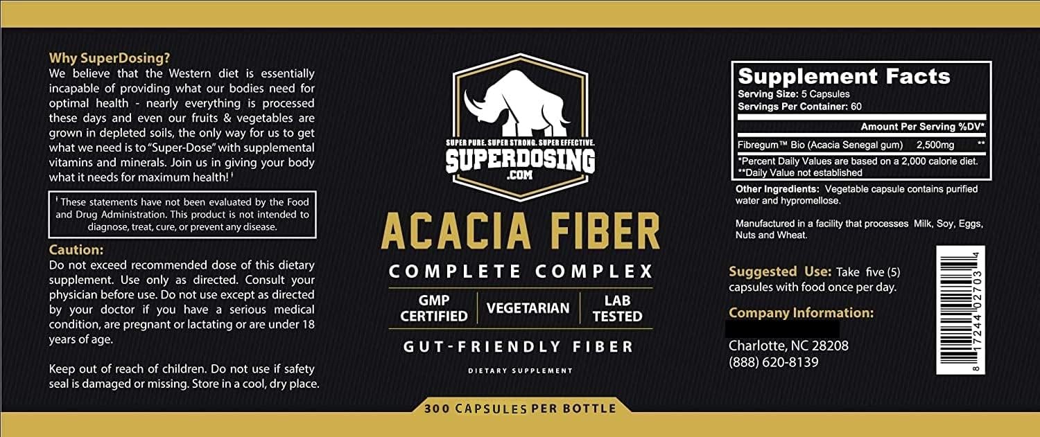 SuperDosing.com Acacia Senegal Fiber Capsules packaging with ingredients list