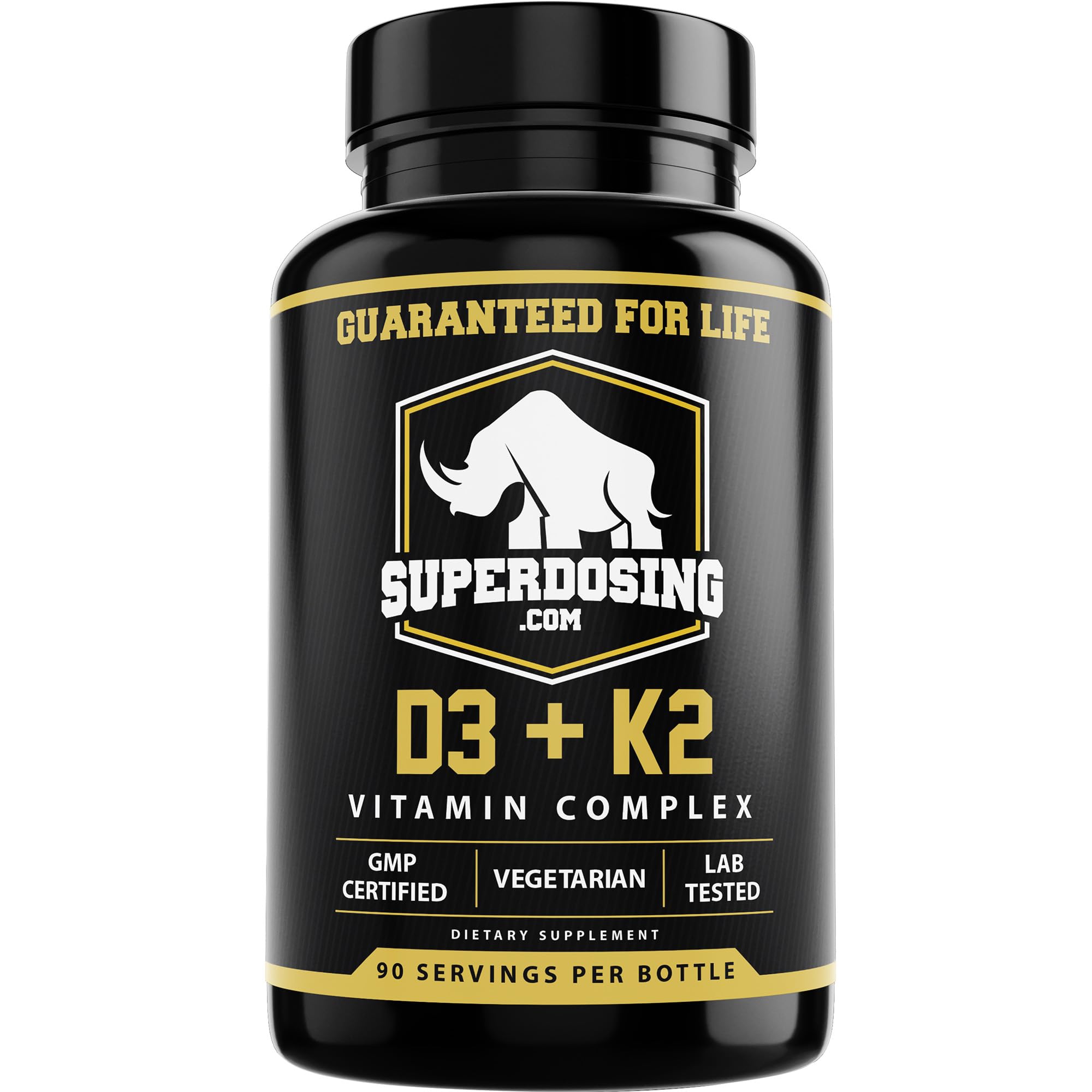 SuperDosing.com Vitamin D3 & K2 10000iu + 1500mcg capsules front view
