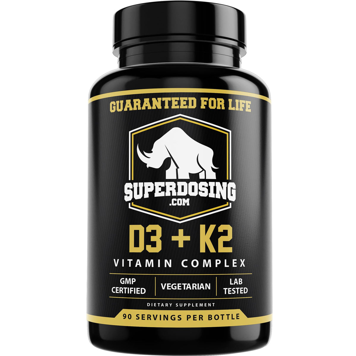 SuperDosing.com Vitamin D3 & K2 10000iu + 1500mcg capsules front view