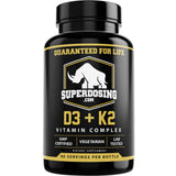 SuperDosing.com Vitamin D3 & K2 10000iu + 1500mcg capsules front view
