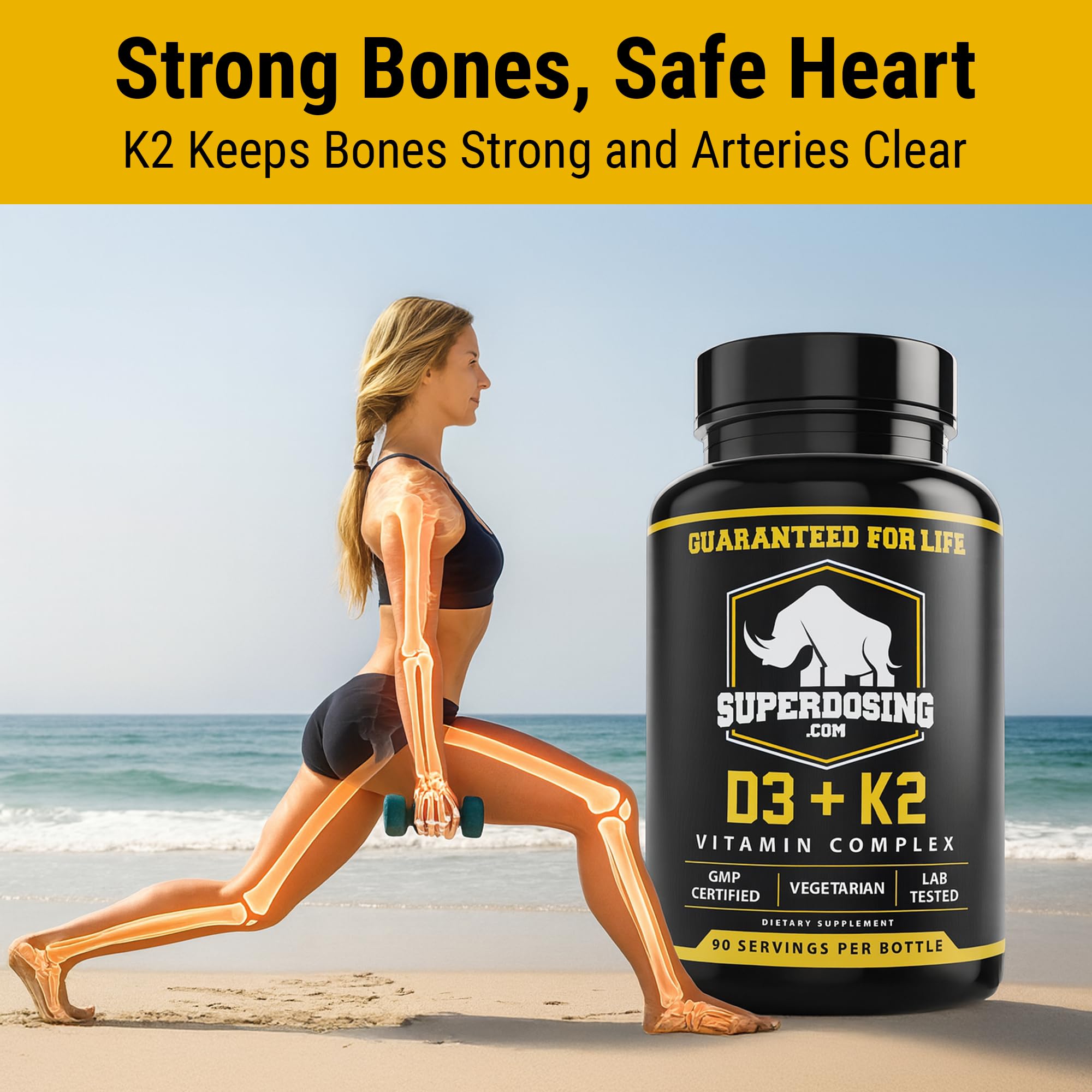 SuperDosing.com Vitamin D3 & K2 capsules in hand