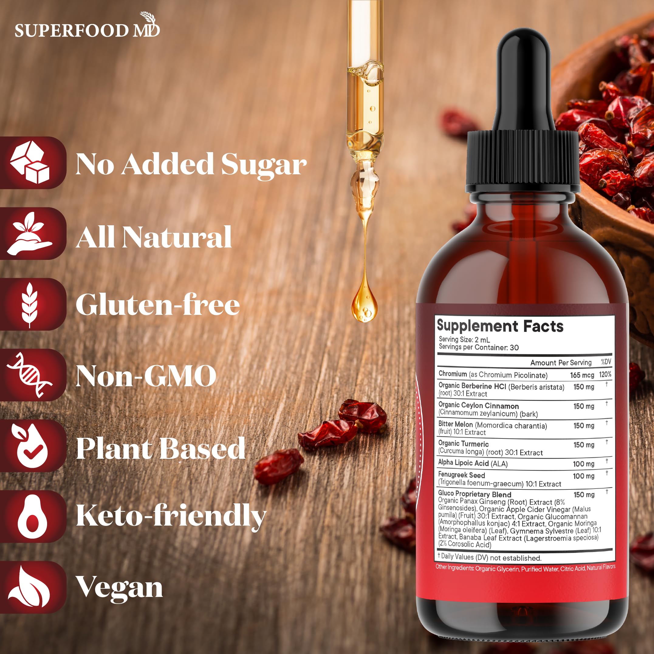 Superfood MD Berberine with Ceylon Cinnamon Drops on a wooden table