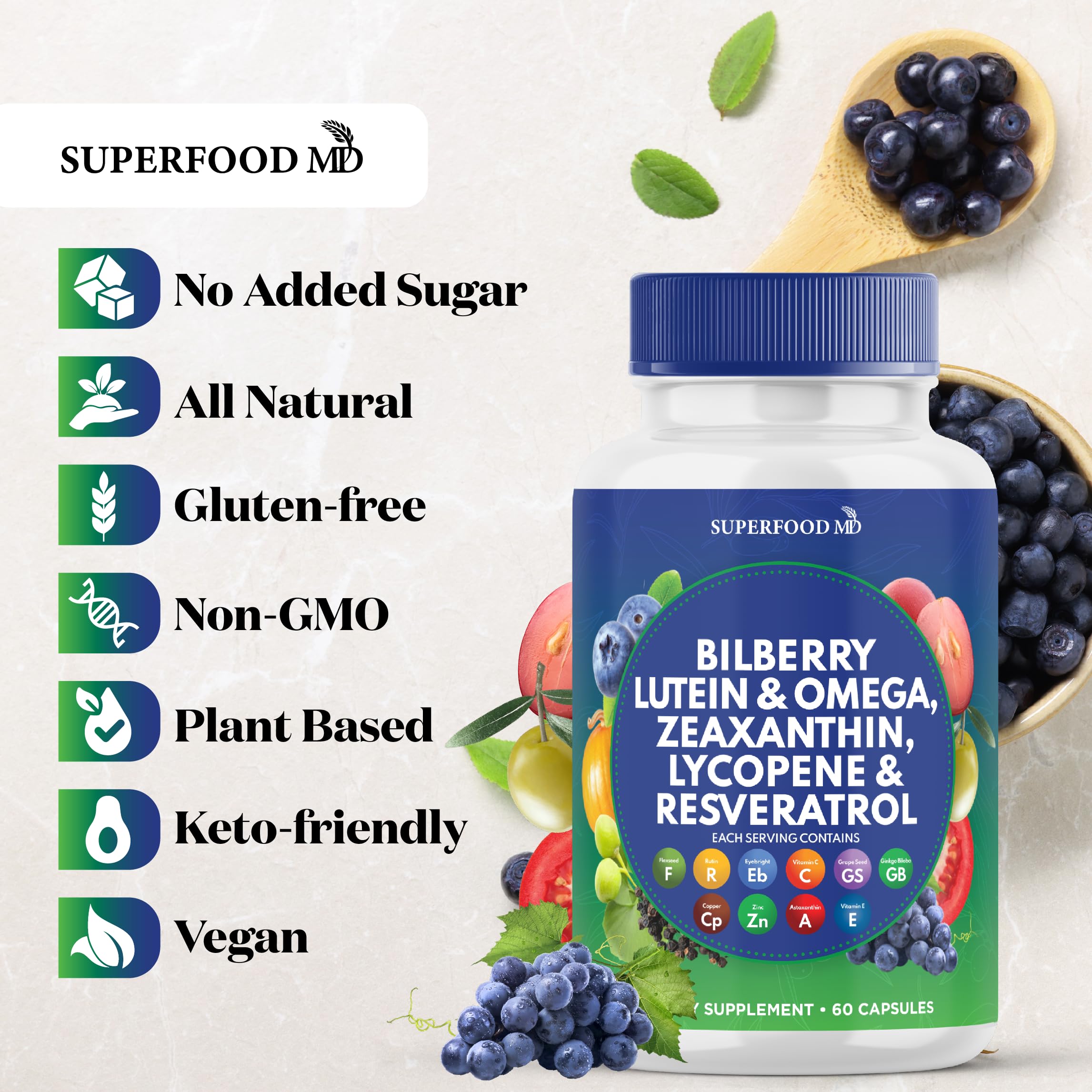 Superfood MD Bilberry Extract Capsules displayed with other herbal supplements