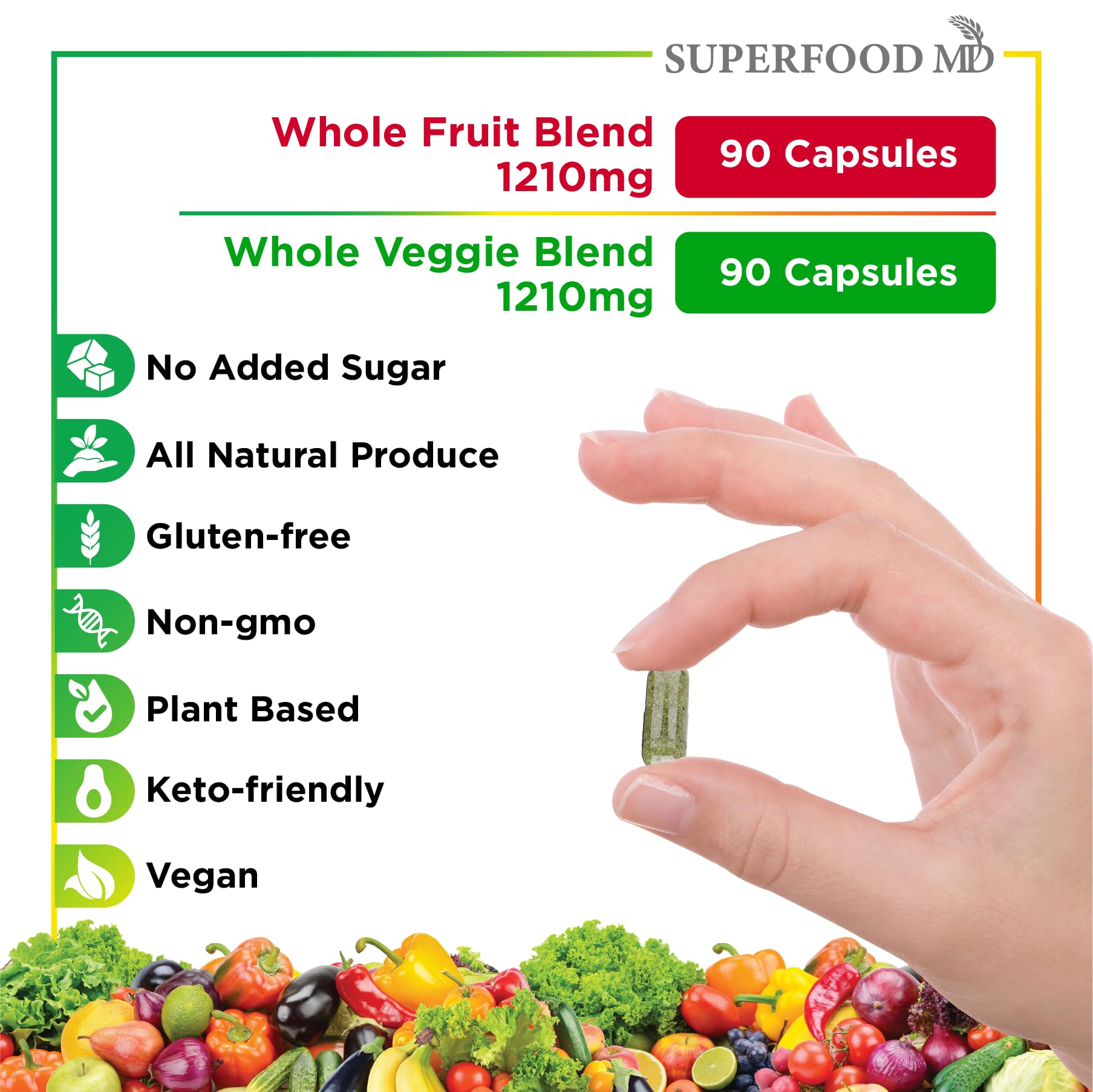 Superfood MD Fruits & Veggies Beta Carotene supplement on a wooden table