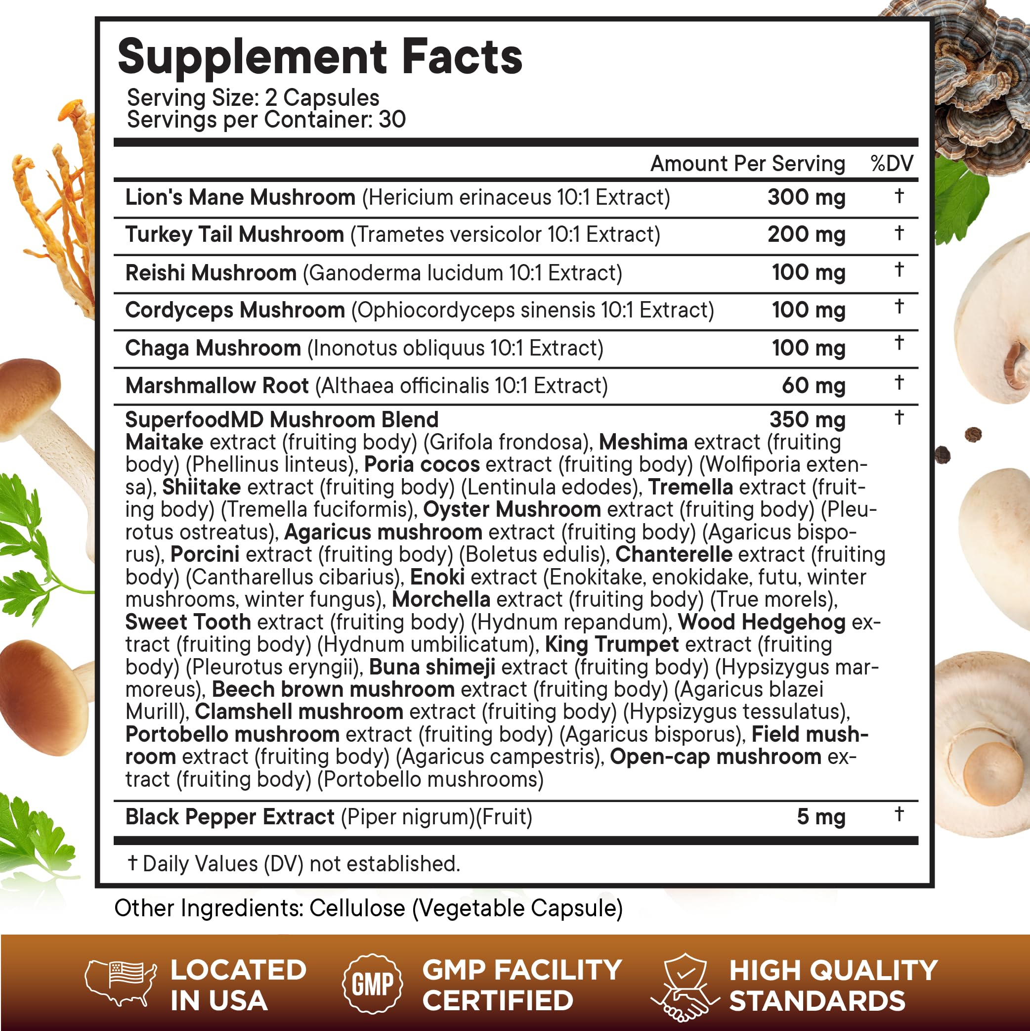 Superfood MD Lions Mane & Marshmallow Root Supplement Capsules side view