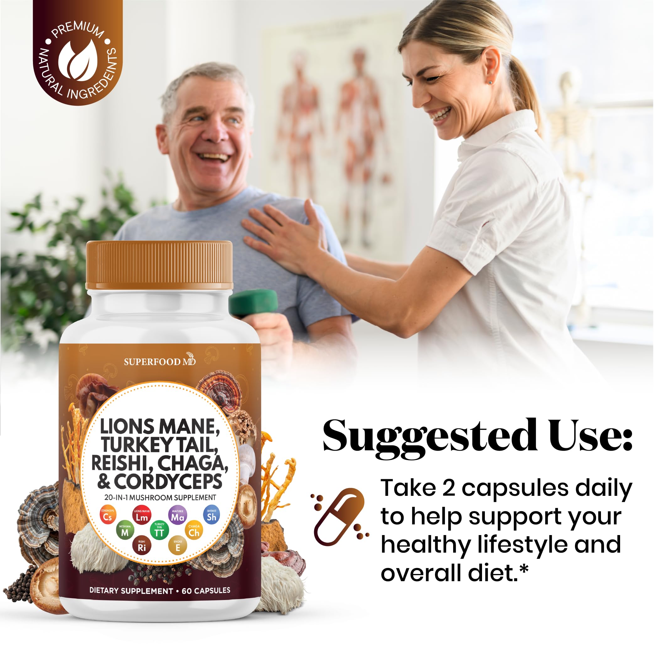 Superfood MD Lions Mane & Marshmallow Root Supplement Capsules with measuring spoon
