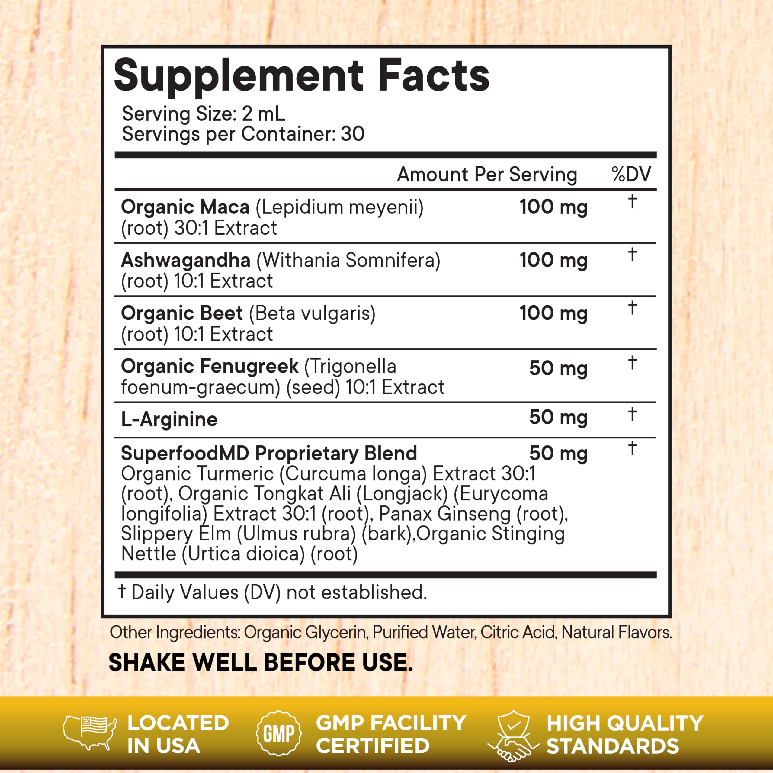 Superfood MD Maca Root Drops bottle back view