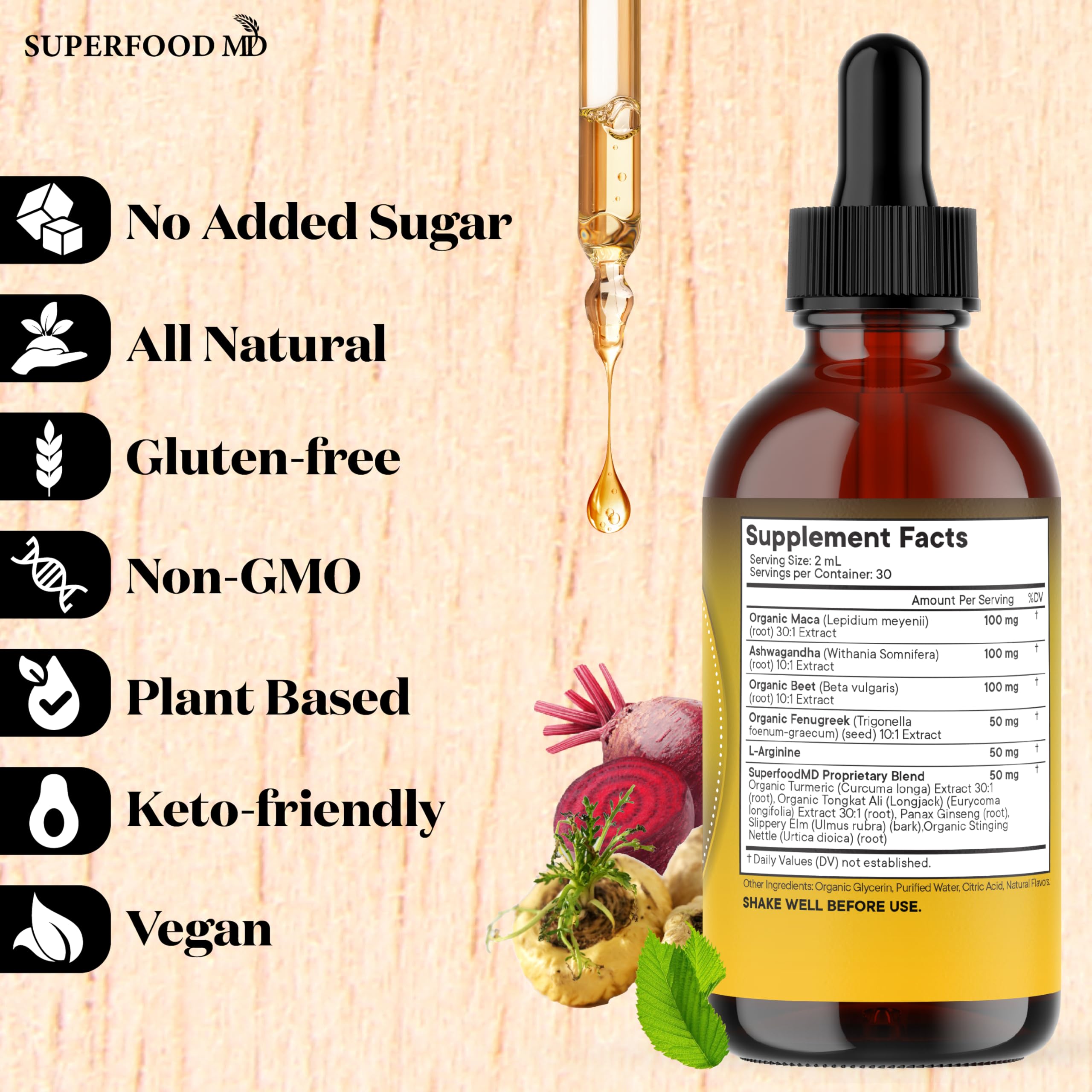 Superfood MD Maca Root Drops bottle with fresh ingredients